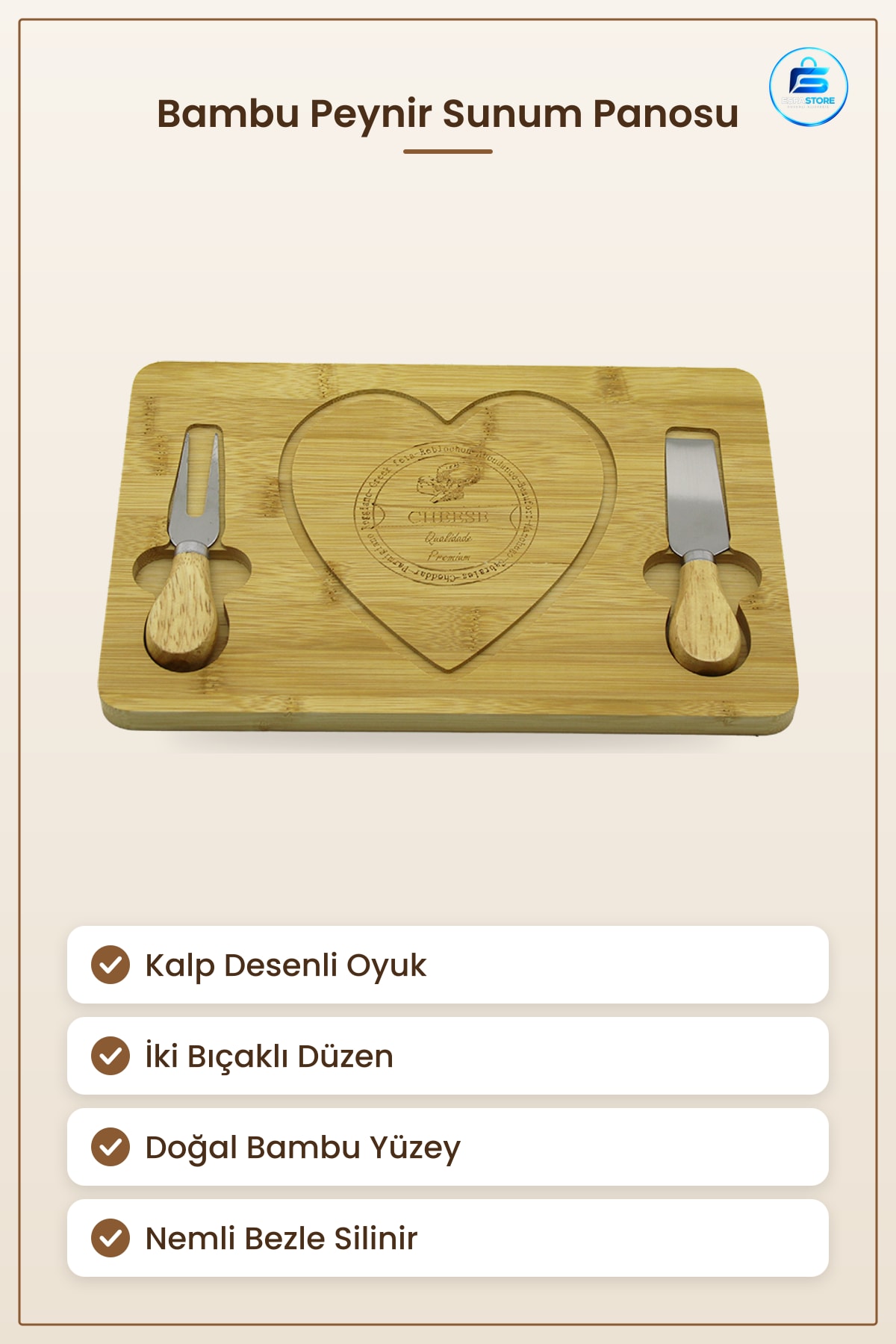 Kesme Tahtası Kalpli Bambu Peynir Sunum Panosu İki Bıçaklı Doğal Mutfak Servis Sofra Hediye