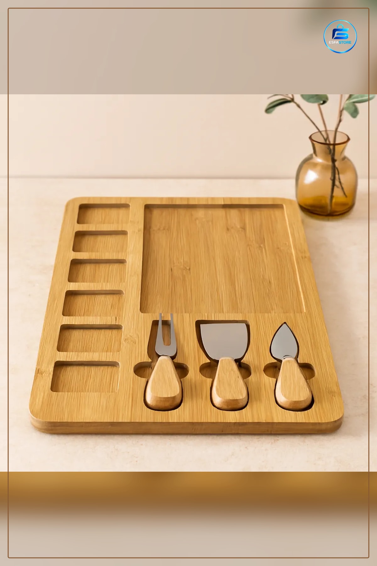 Peynir Sunum Tahtası Servis Seti 30x39,5 cm MDF 6+1 Bölmeli 3 Bıçaklı Kahvaltı Panosu