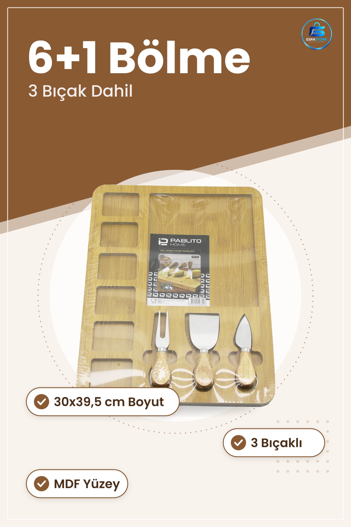 Peynir Sunum Tahtası Servis Seti 30x39,5 cm MDF 6+1 Bölmeli 3 Bıçaklı Kahvaltı Panosu