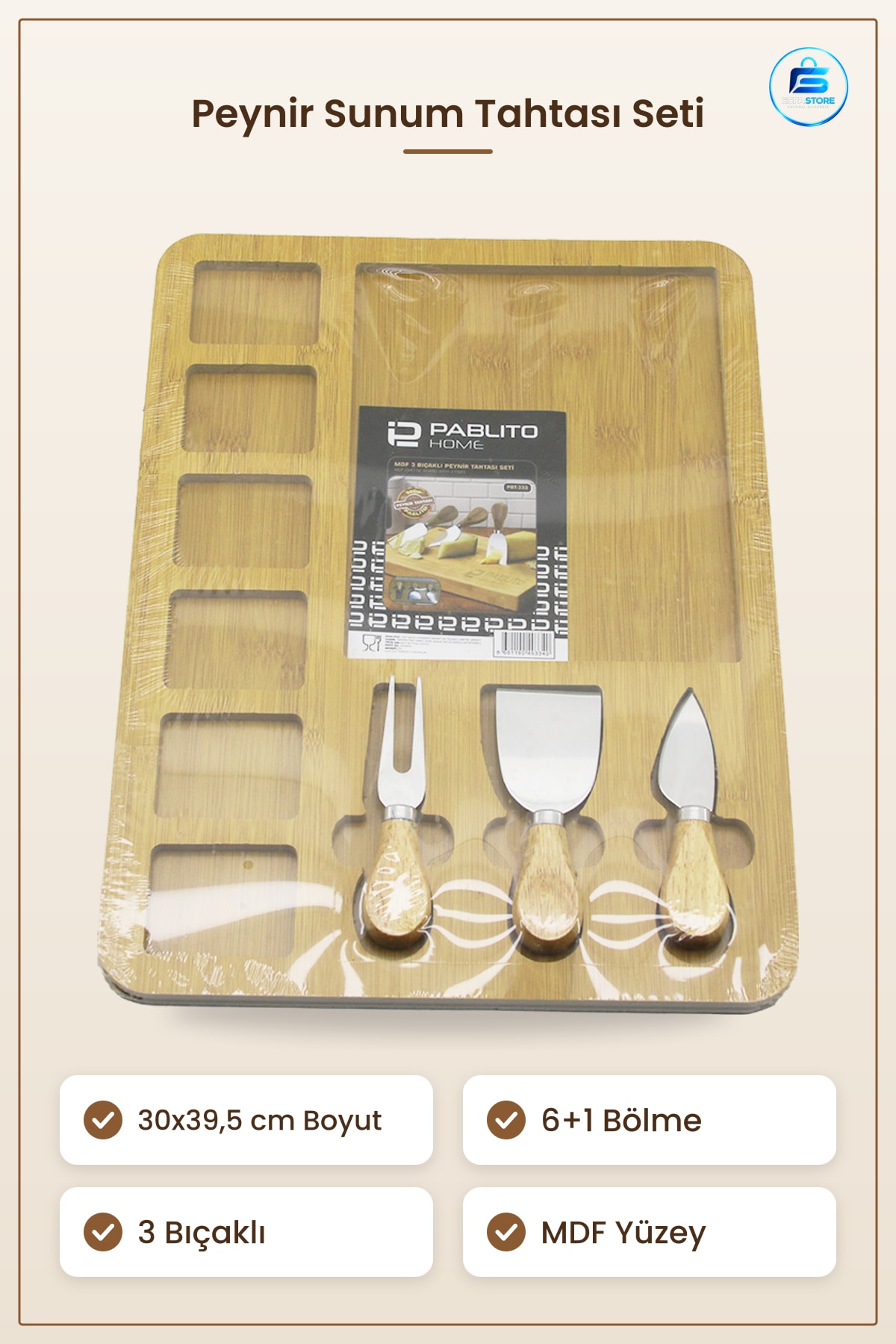 Peynir Sunum Tahtası Servis Seti 30x39,5 cm MDF 6+1 Bölmeli 3 Bıçaklı Kahvaltı Panosu