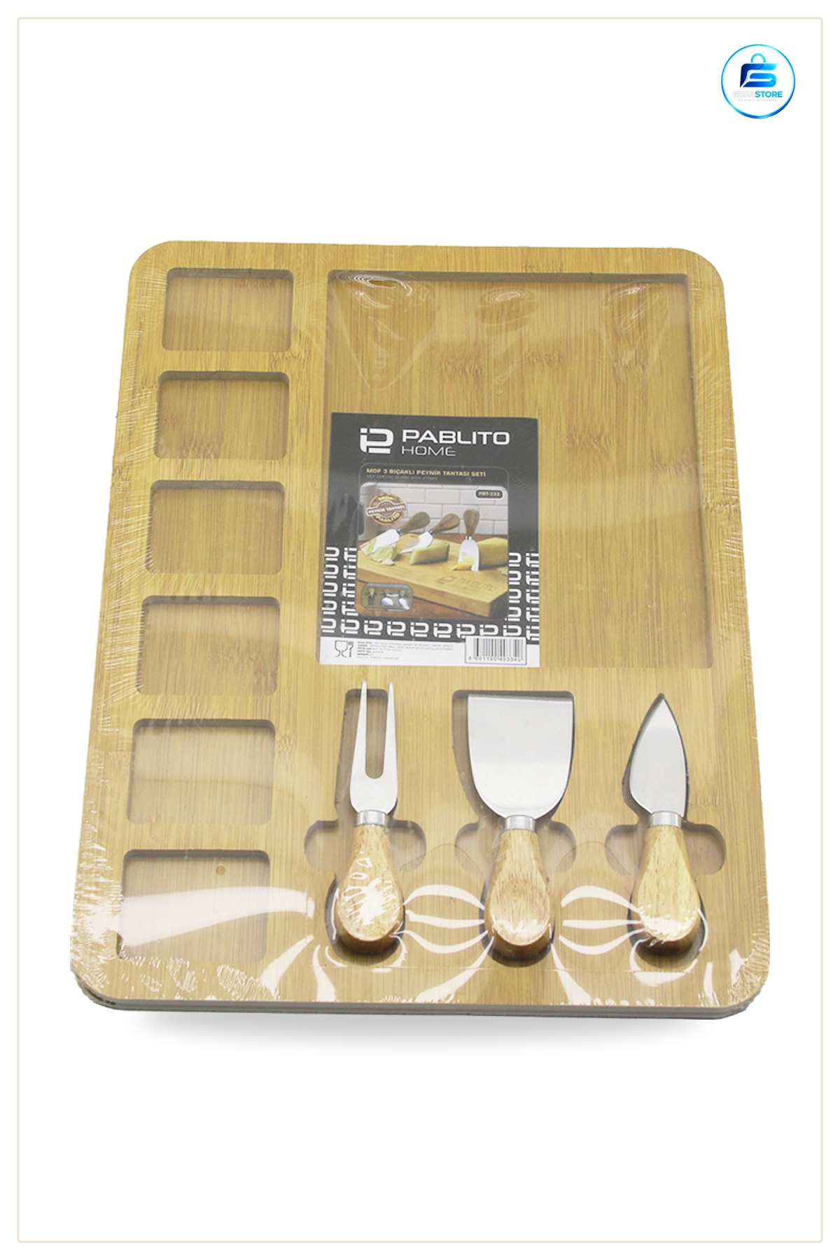 Peynir Sunum Tahtası Servis Seti 30x39,5 cm MDF 6+1 Bölmeli 3 Bıçaklı Kahvaltı Panosu