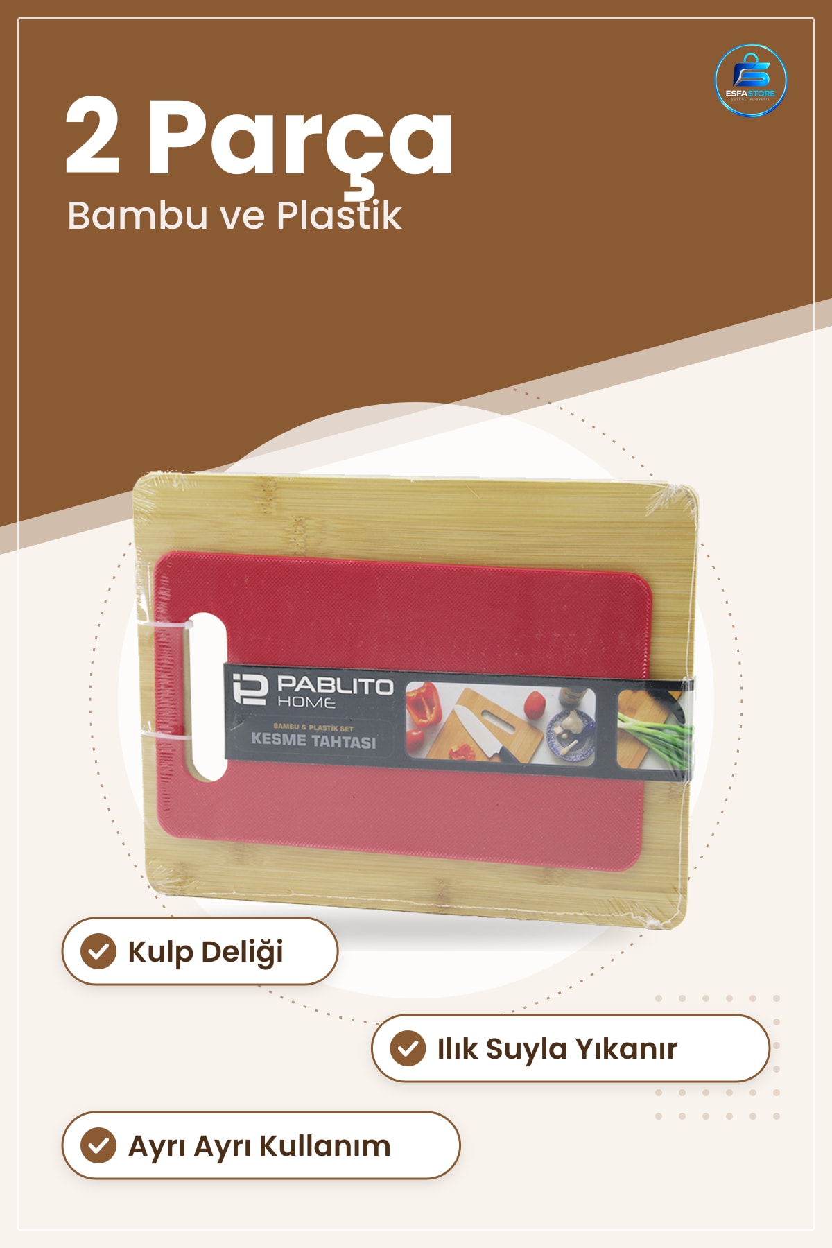 Kesme Tahtası Bambu ve Plastik 2 Parça Set Kesim Panosu Mutfak Yemek Hazırlık Malzemesi