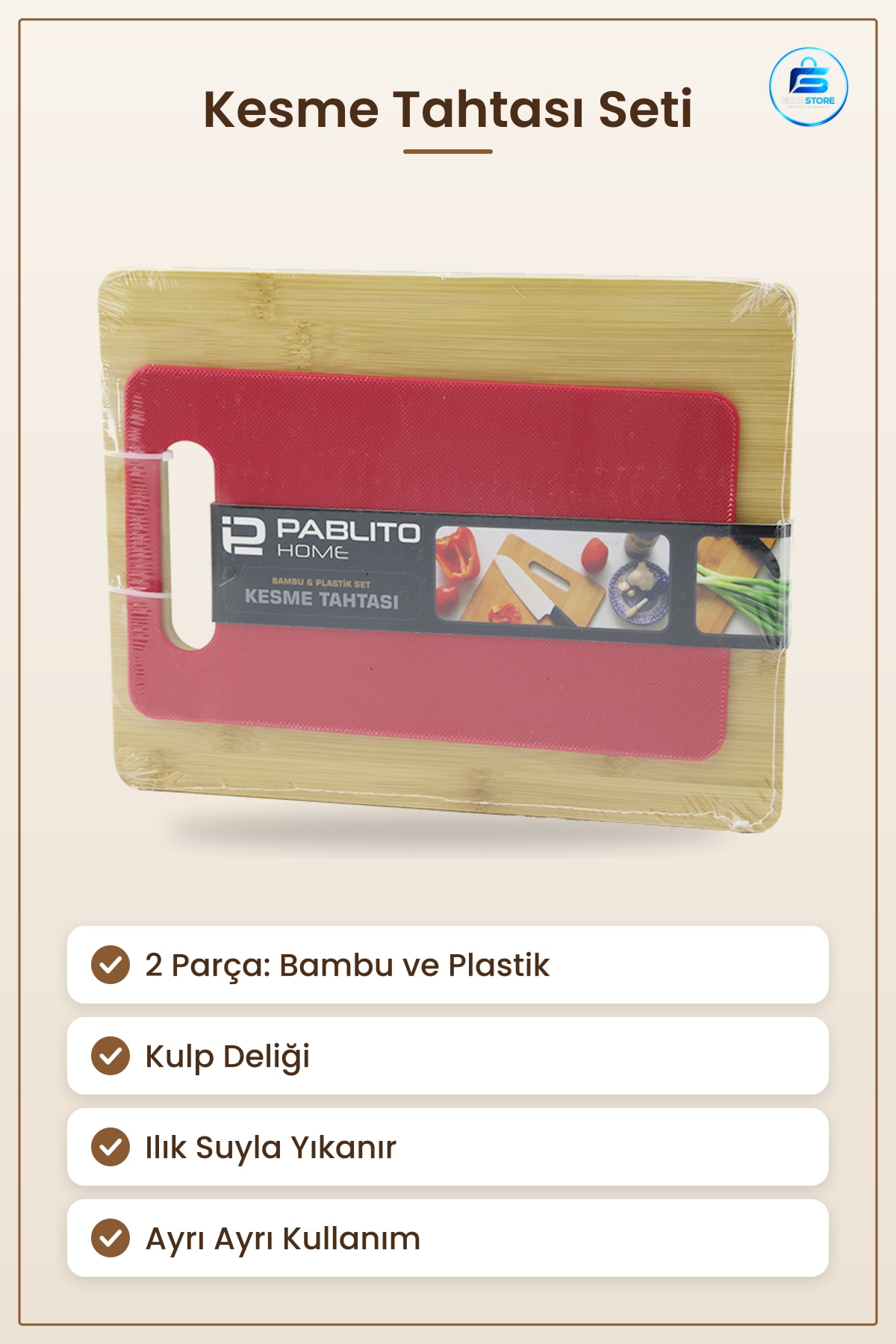 Kesme Tahtası Bambu ve Plastik 2 Parça Set Kesim Panosu Mutfak Yemek Hazırlık Malzemesi