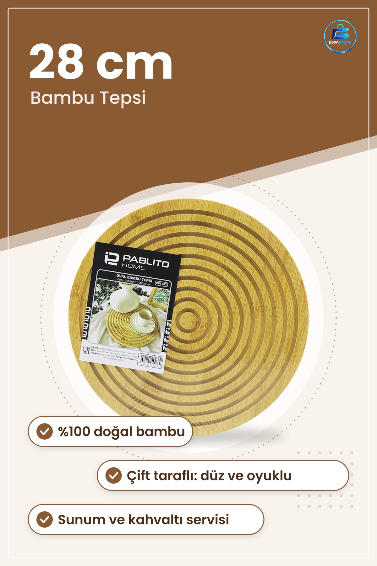 Doğal Bambu Tepsi 28 cm Çift Taraflı Düz ve Oyuklu Sunum Servis Kahvaltı Mutfak Sofra