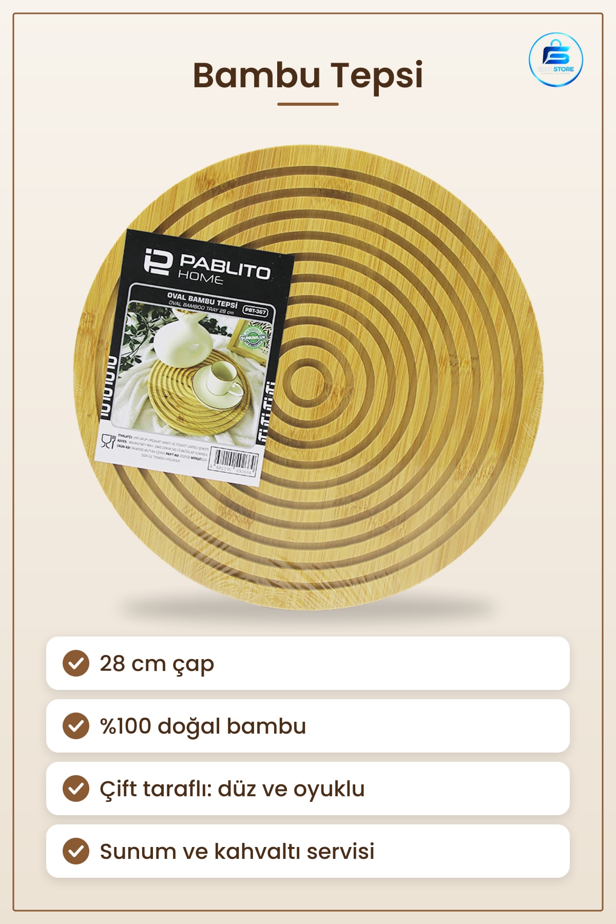 Doğal Bambu Tepsi 28 cm Çift Taraflı Düz ve Oyuklu Sunum Servis Kahvaltı Mutfak Sofra
