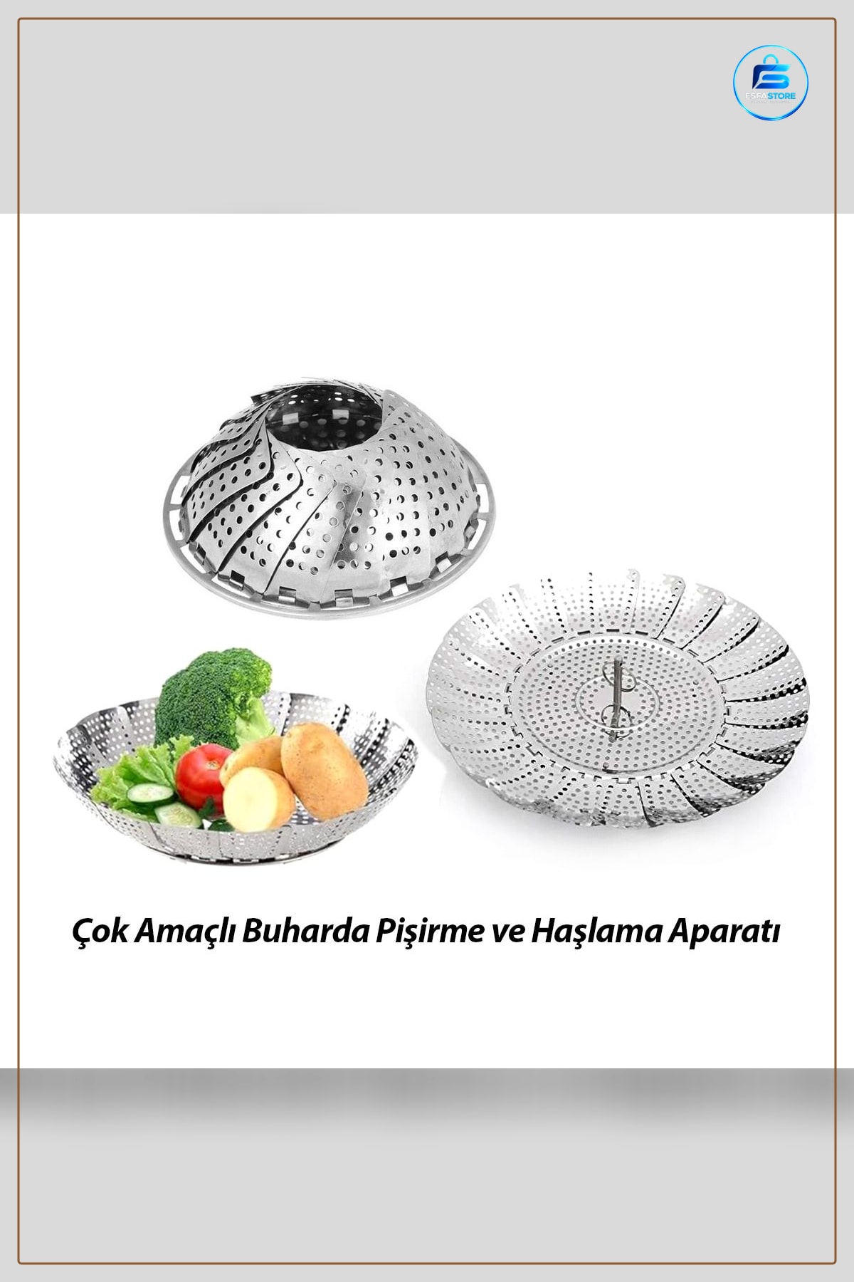 Buharda Sebze Pişirici Süzgeç Aparatı ile 22 cm Ayarlanabilir Paslanmaz Çelik Haşlama Sepeti
