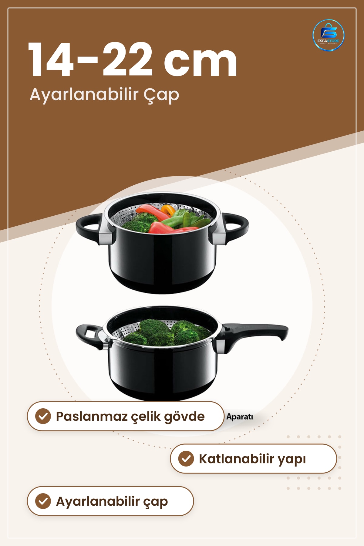 Buharda Sebze Pişirici Süzgeç Aparatı ile 22 cm Ayarlanabilir Paslanmaz Çelik Haşlama Sepeti