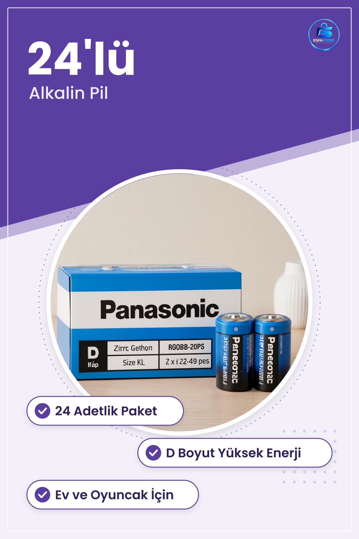 D Tip Alkalin Pil 24'lü Uzun Ömürlü Yüksek Enerjili Cihazlar İçin Ev ve Oyuncak Kullanımına Uygun