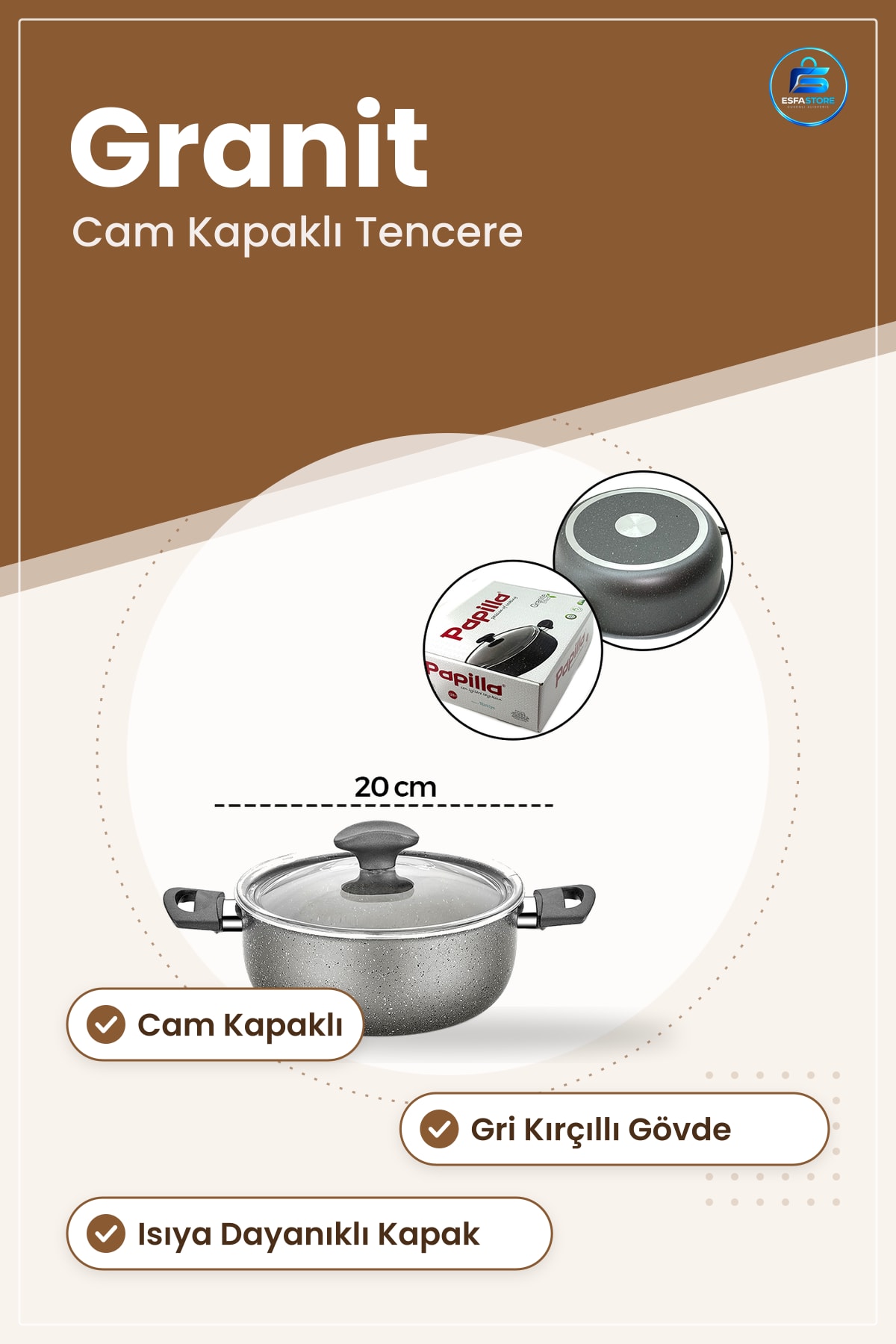 Granit Kaplamalı Derin Tencere Cam Kapak Gri Kırçıllı Kolay Temizlenen Mutfak Çorba Güveç Haşlama