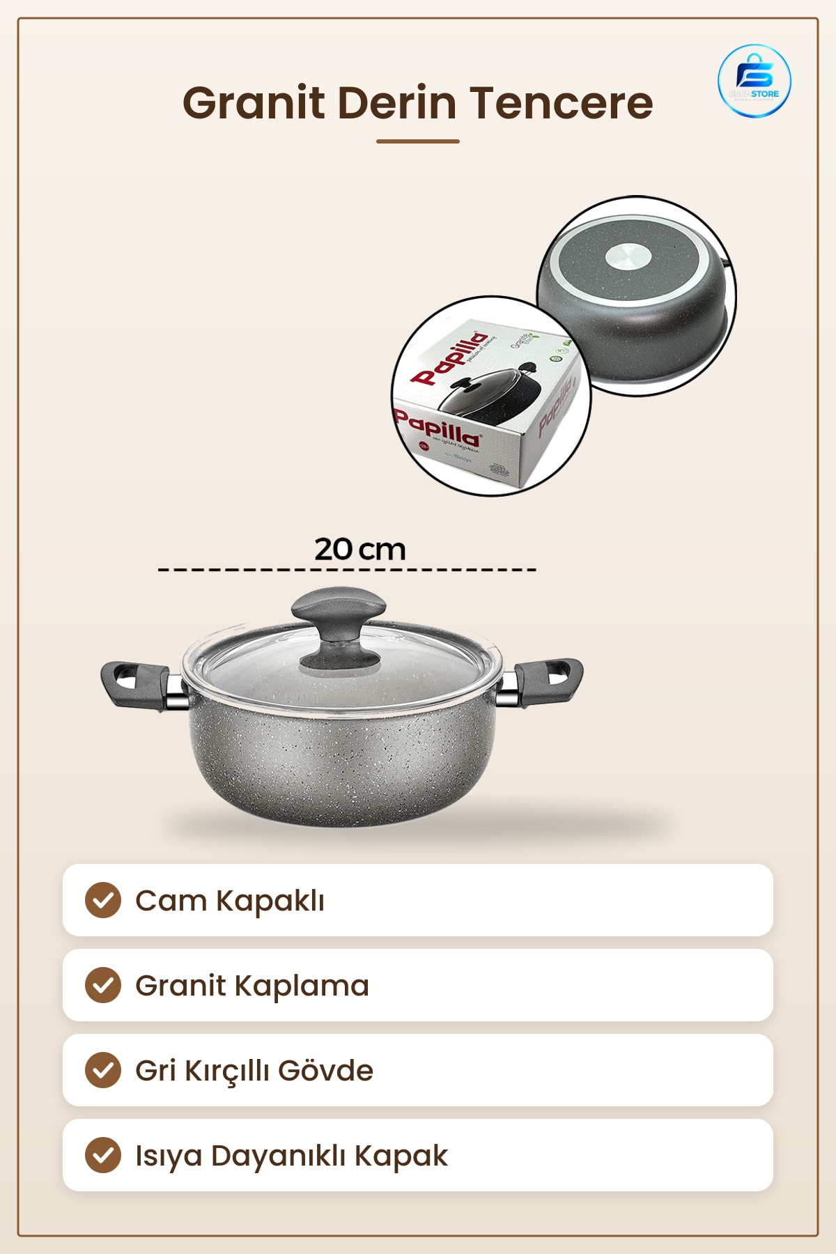 Granit Kaplamalı Derin Tencere Cam Kapak Gri Kırçıllı Kolay Temizlenen Mutfak Çorba Güveç Haşlama