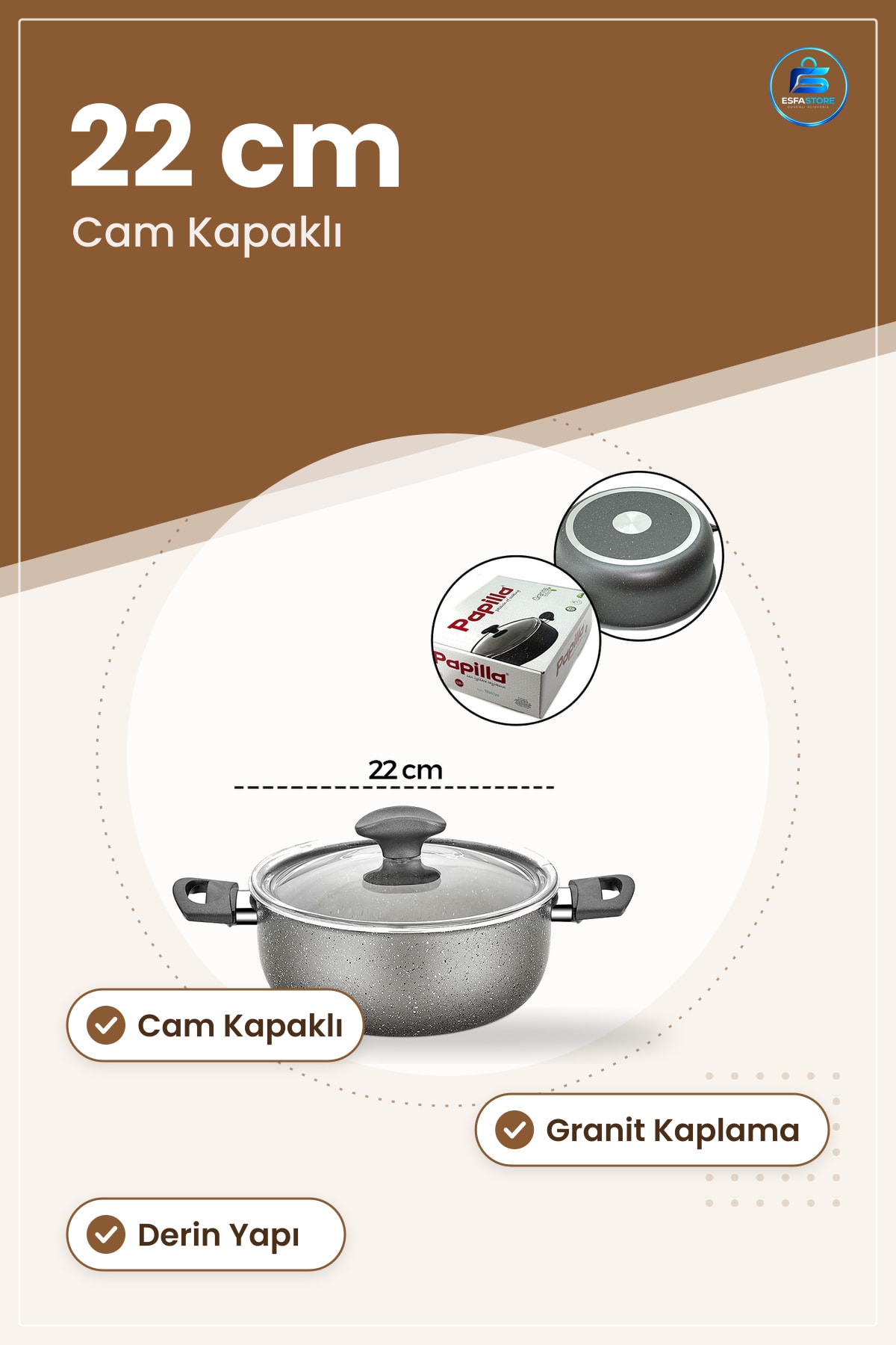 Granit Kaplamalı Derin Tencere 22 cm Cam Kapaklı Yapışmaz Çorba Güveç Yemek Mutfak Pişirme