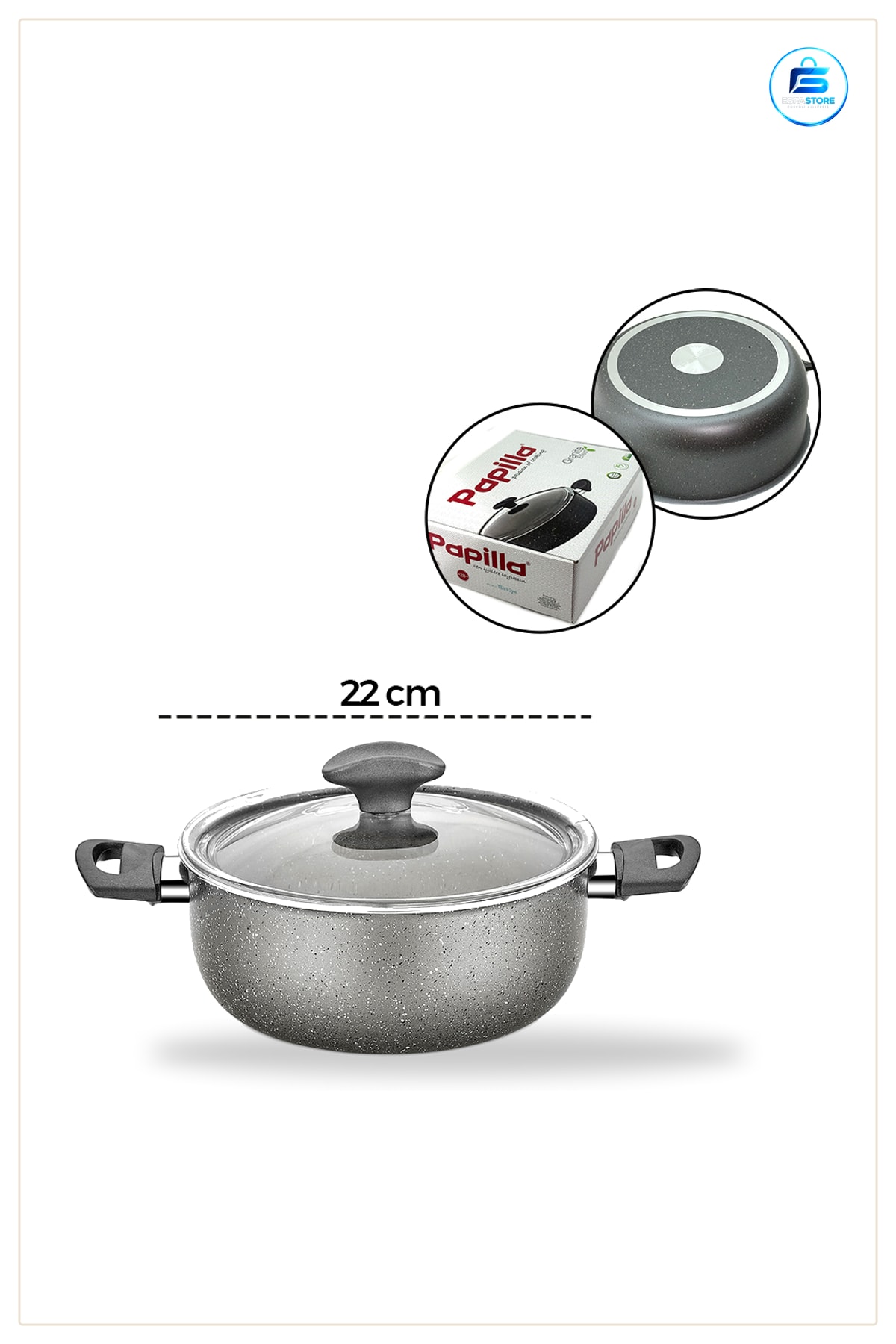 Granit Kaplamalı Derin Tencere 22 cm Cam Kapaklı Yapışmaz Çorba Güveç Yemek Mutfak Pişirme