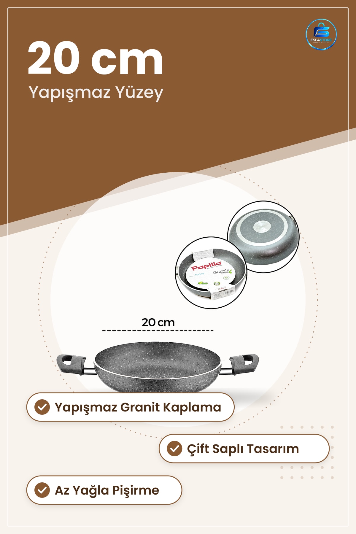 Granit Kaplı Çift Saplı Sahan Tava 20 cm Yapışmaz Az Yağlı Omlet Mutfak Pişirme Kullanımı