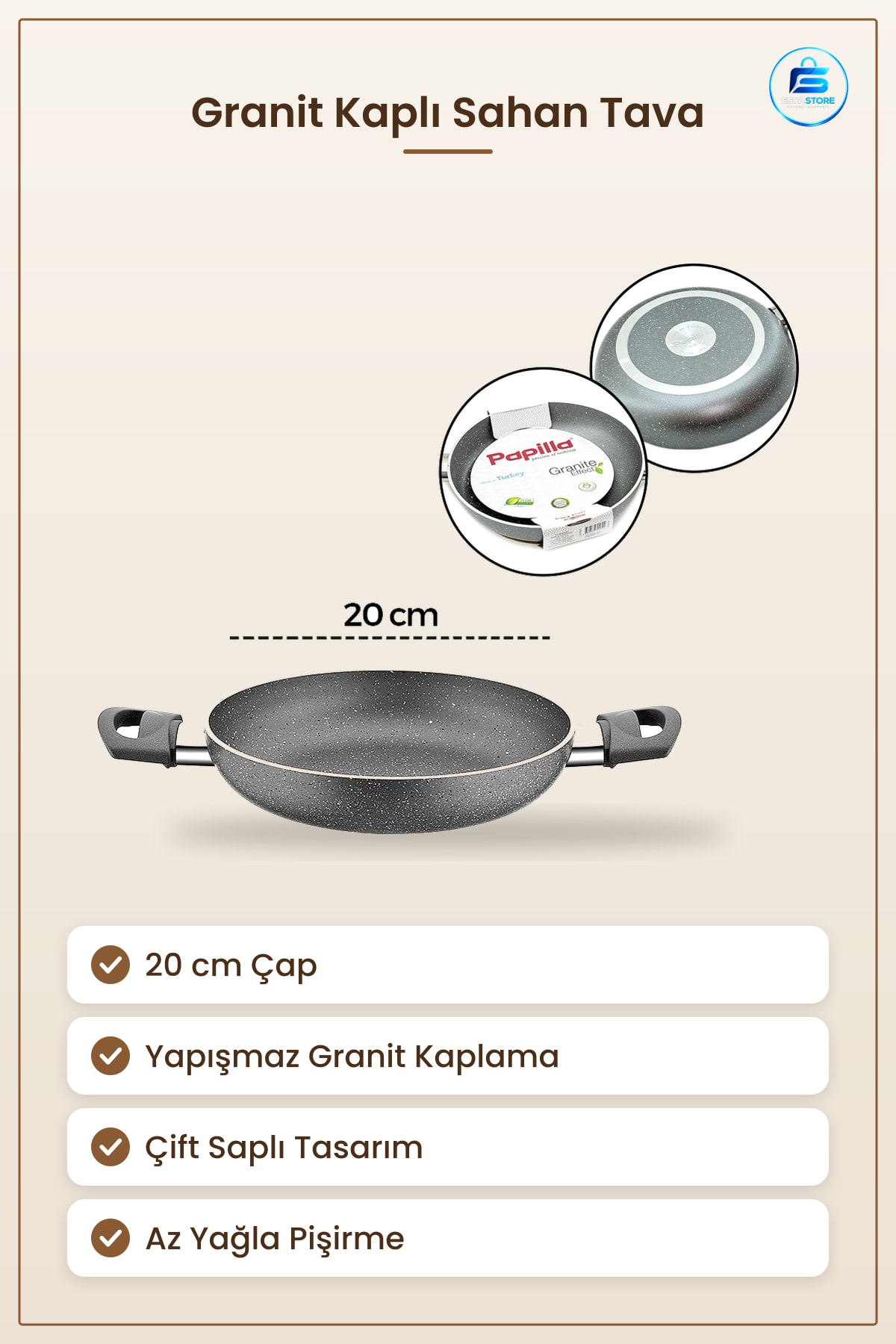 Granit Kaplı Çift Saplı Sahan Tava 20 cm Yapışmaz Az Yağlı Omlet Mutfak Pişirme Kullanımı