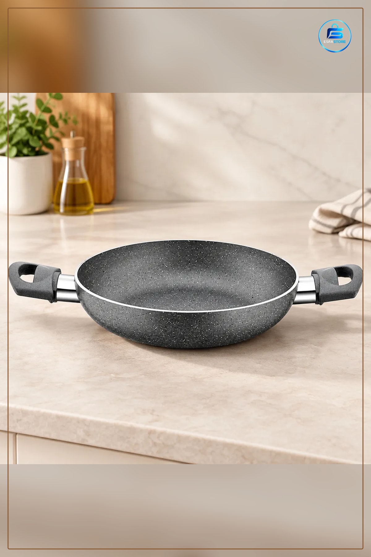 Granit Tava 22 cm Çift Saplı Gri Yapışmaz Kaplamalı Mutfak Tavası Omlet ve Sote Pişirme