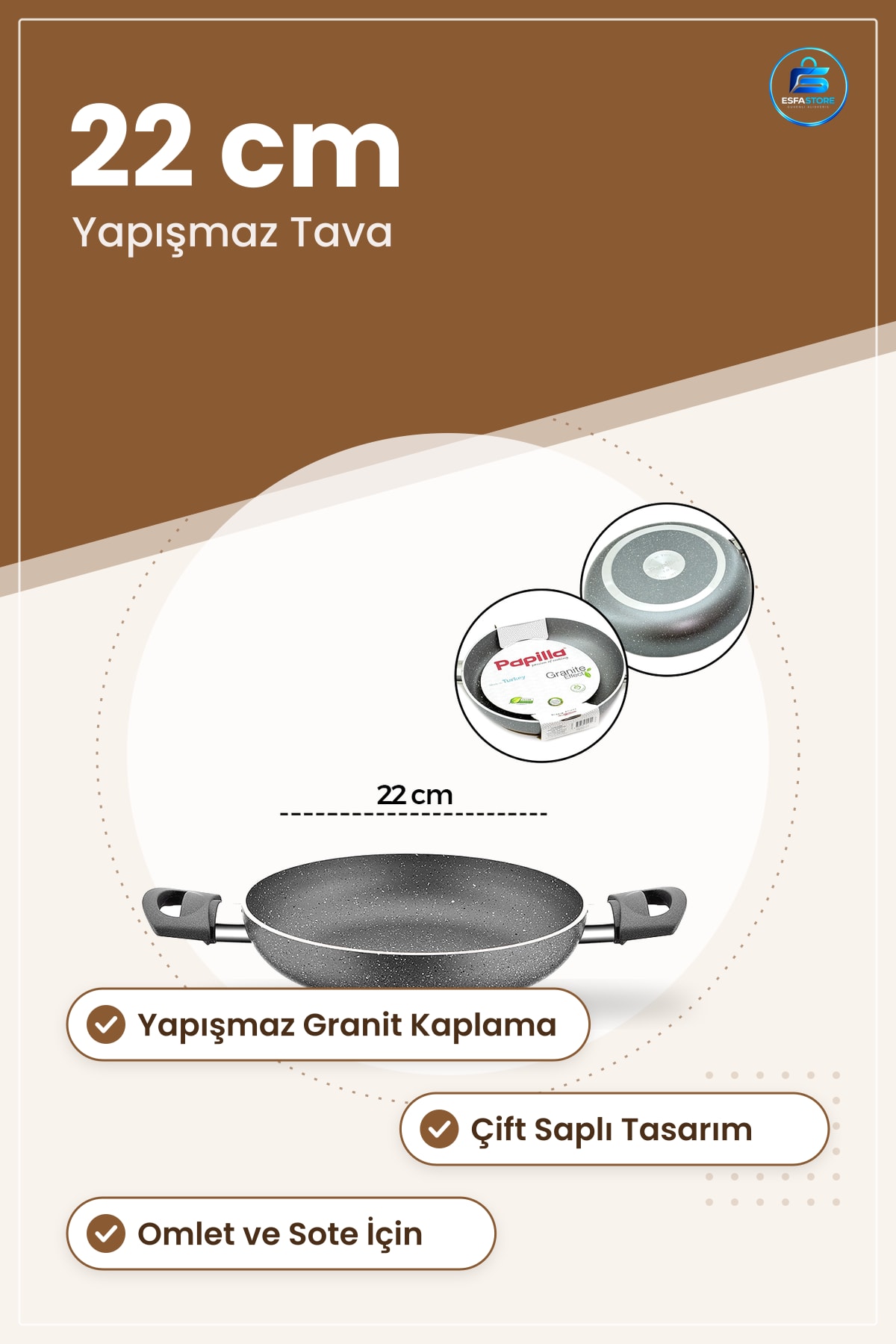 Granit Tava 22 cm Çift Saplı Gri Yapışmaz Kaplamalı Mutfak Tavası Omlet ve Sote Pişirme