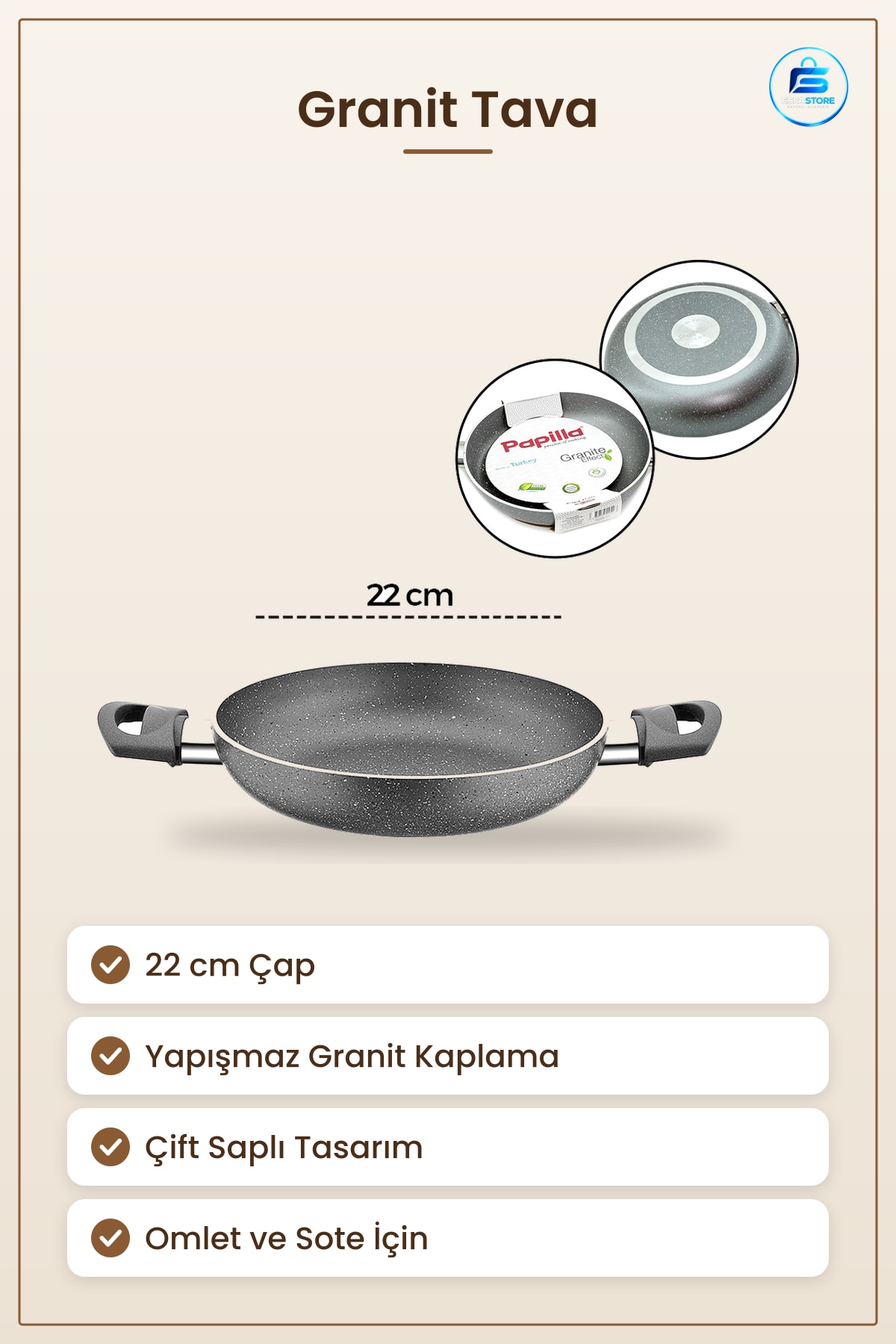 Granit Tava 22 cm Çift Saplı Gri Yapışmaz Kaplamalı Mutfak Tavası Omlet ve Sote Pişirme
