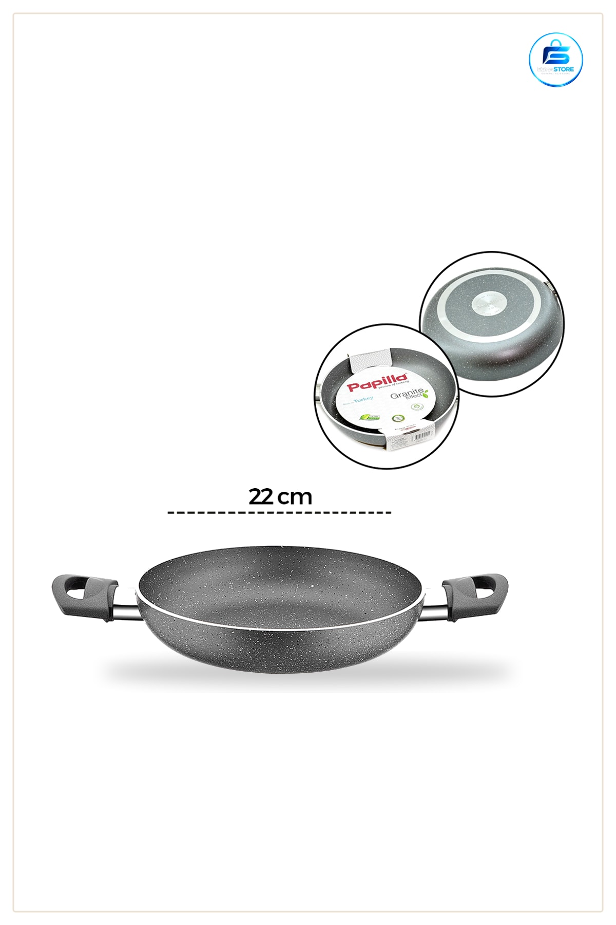 Granit Tava 22 cm Çift Saplı Gri Yapışmaz Kaplamalı Mutfak Tavası Omlet ve Sote Pişirme