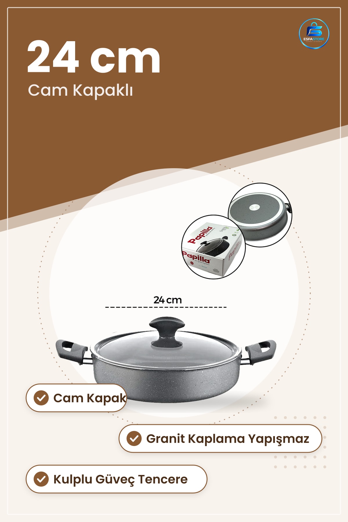 Granit Basık Karnıyarık Tencere 24 cm Cam Kapaklı Yapışmaz Kulplu Güveç Et Sebze Mutfak Pişirme