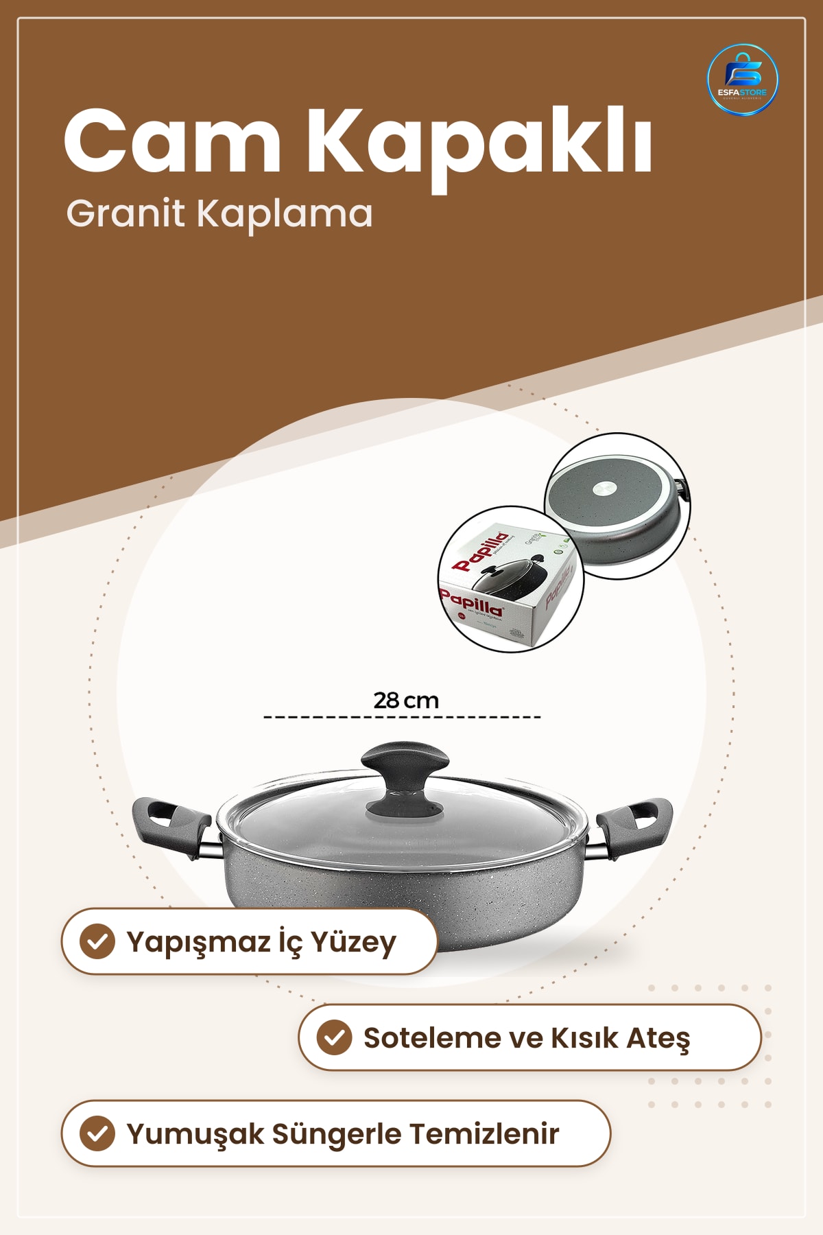 Sığ Granit Tencere Cam Kapaklı Yapışmaz Yüzeyli Mutfak Soteleme Kısık Ateş Pişirme