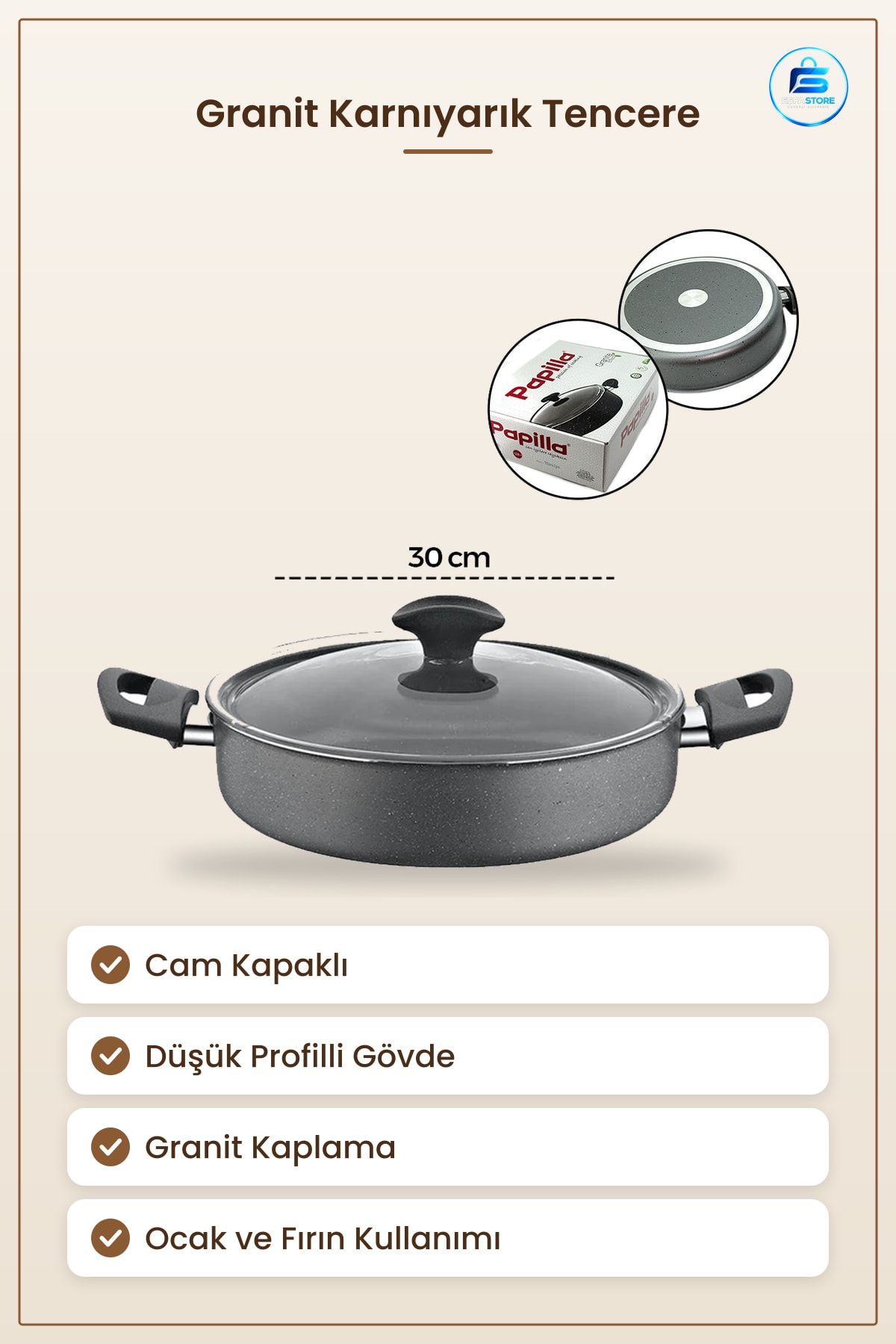 Basık Karnıyarık Tencere Cam Kapaklı Gri Kırçıllı Granit Kaplama Ocak Fırın Uyumlu Mutfak