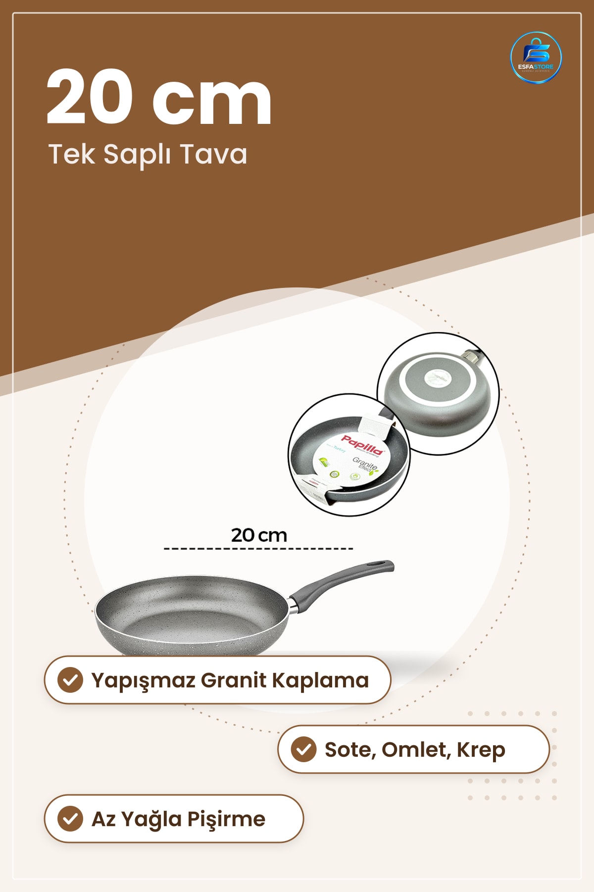 Granit Tava 20 cm Tek Saplı Yapışmaz Kaplamalı Mutfak Tavası Sote Omlet Krep Pişirme Gereci