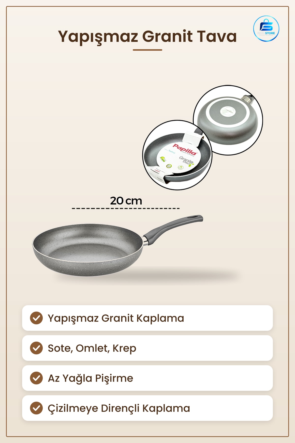 Granit Tava 20 cm Tek Saplı Yapışmaz Kaplamalı Mutfak Tavası Sote Omlet Krep Pişirme Gereci