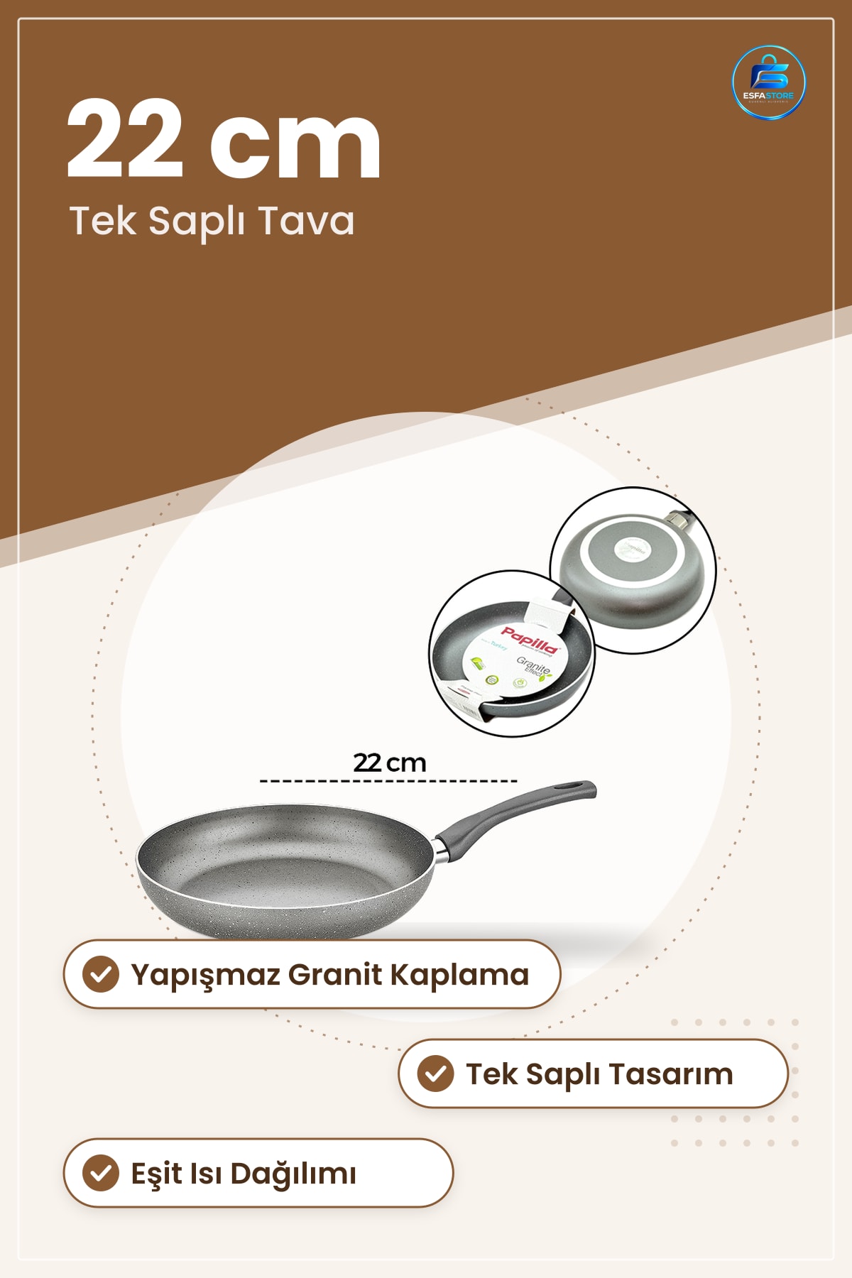 Granit Tava 22 cm Tek Saplı Yapışmaz Kaplama Pişirme Mutfak Omlet Sebze Kızartma Sote Eşit Isı