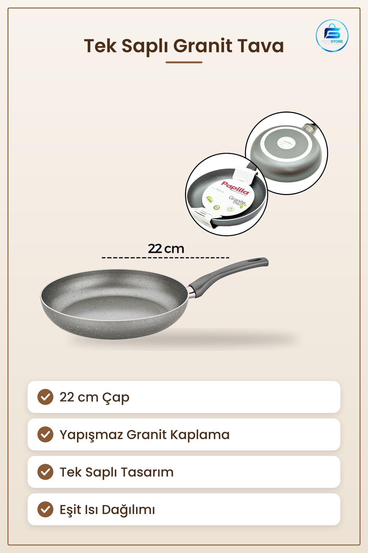 Granit Tava 22 cm Tek Saplı Yapışmaz Kaplama Pişirme Mutfak Omlet Sebze Kızartma Sote Eşit Isı
