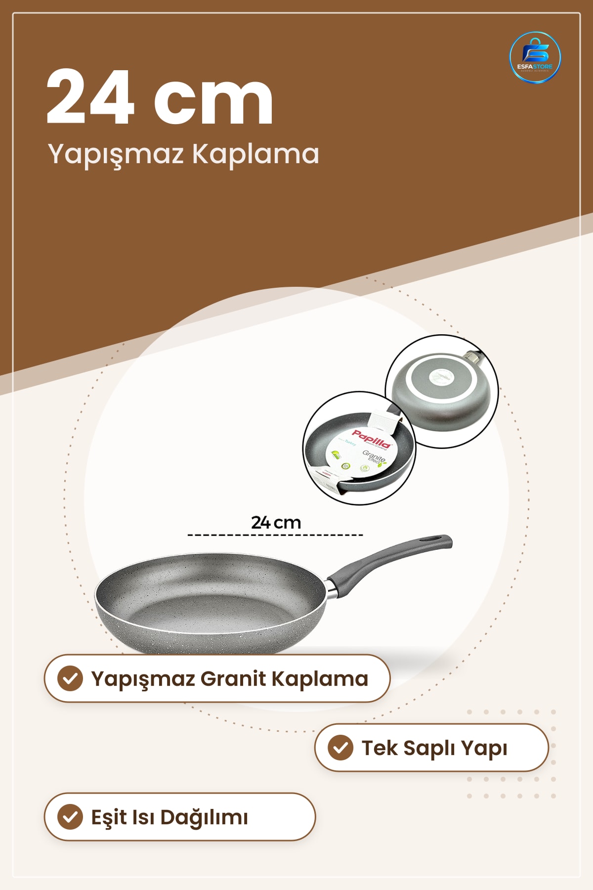 Granit Tava 24 cm Tek Saplı Yapışmaz Kaplama Ocak Üstü Mutfak Kızartma Sote Kavurma Ergonomik