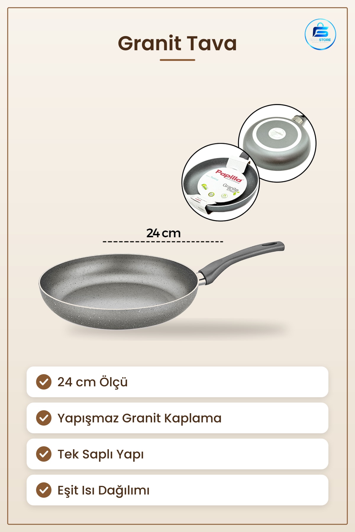 Granit Tava 24 cm Tek Saplı Yapışmaz Kaplama Ocak Üstü Mutfak Kızartma Sote Kavurma Ergonomik