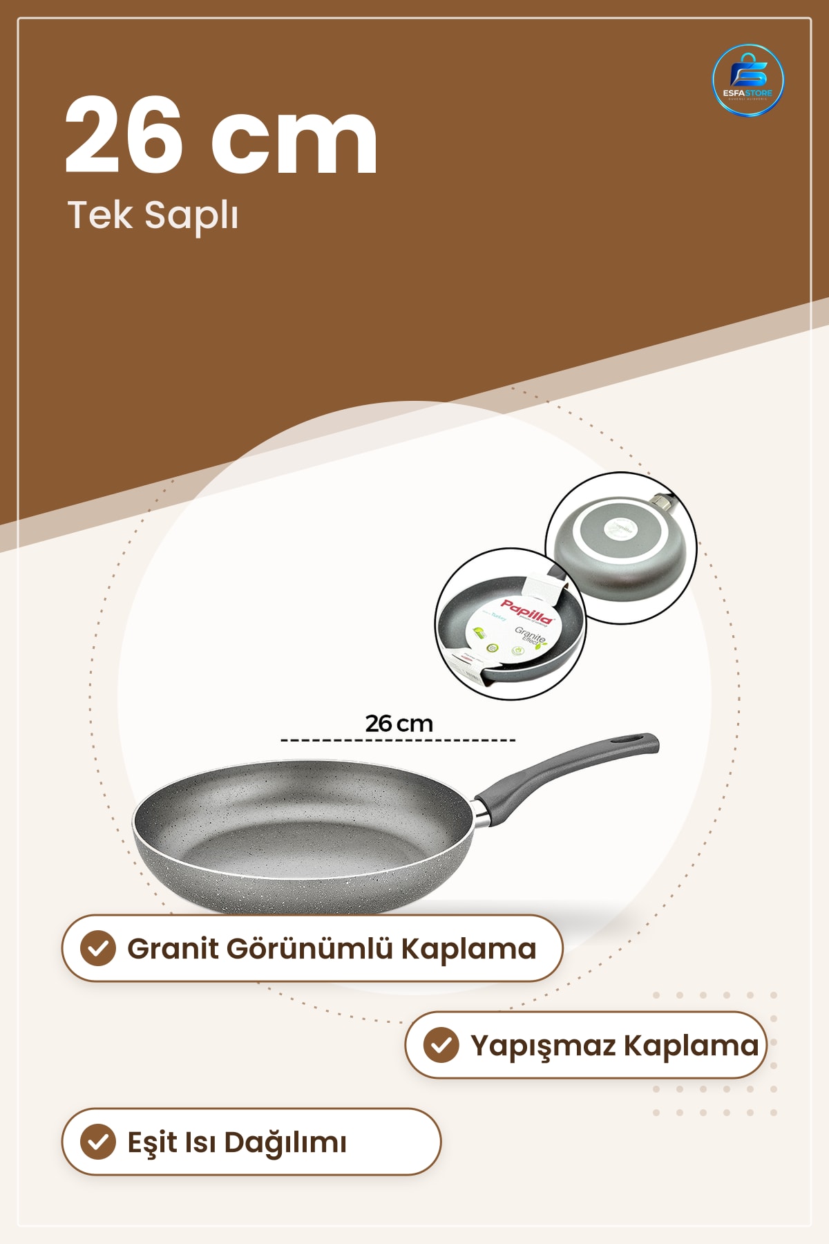 Granit Tava 26 cm Tek Saplı Yapışmaz Kaplama Pişirme Mutfak Omlet Sebze Kızartma Sote Eşit Isı