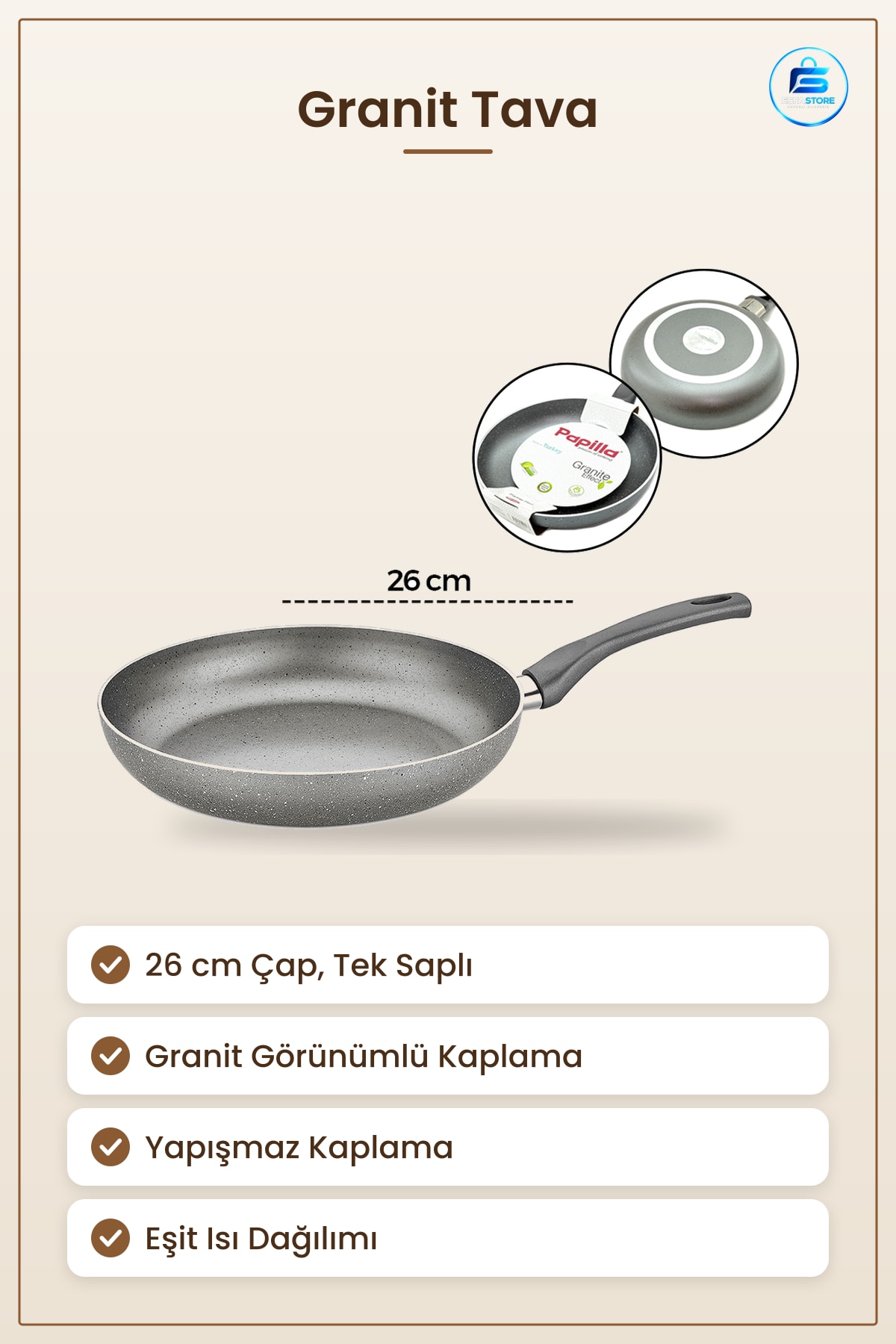 Granit Tava 26 cm Tek Saplı Yapışmaz Kaplama Pişirme Mutfak Omlet Sebze Kızartma Sote Eşit Isı