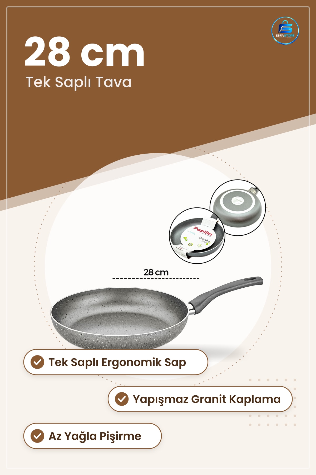 Granit Tava Yapışmaz Tek Saplı Kızartma Sote Omlet Mutfak Pişirme Az Yağlı Ergonomik Sap