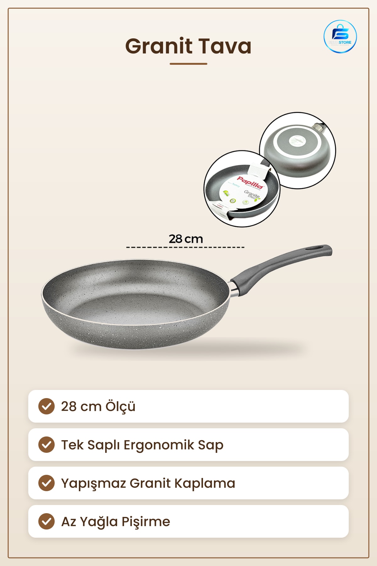 Granit Tava Yapışmaz Tek Saplı Kızartma Sote Omlet Mutfak Pişirme Az Yağlı Ergonomik Sap