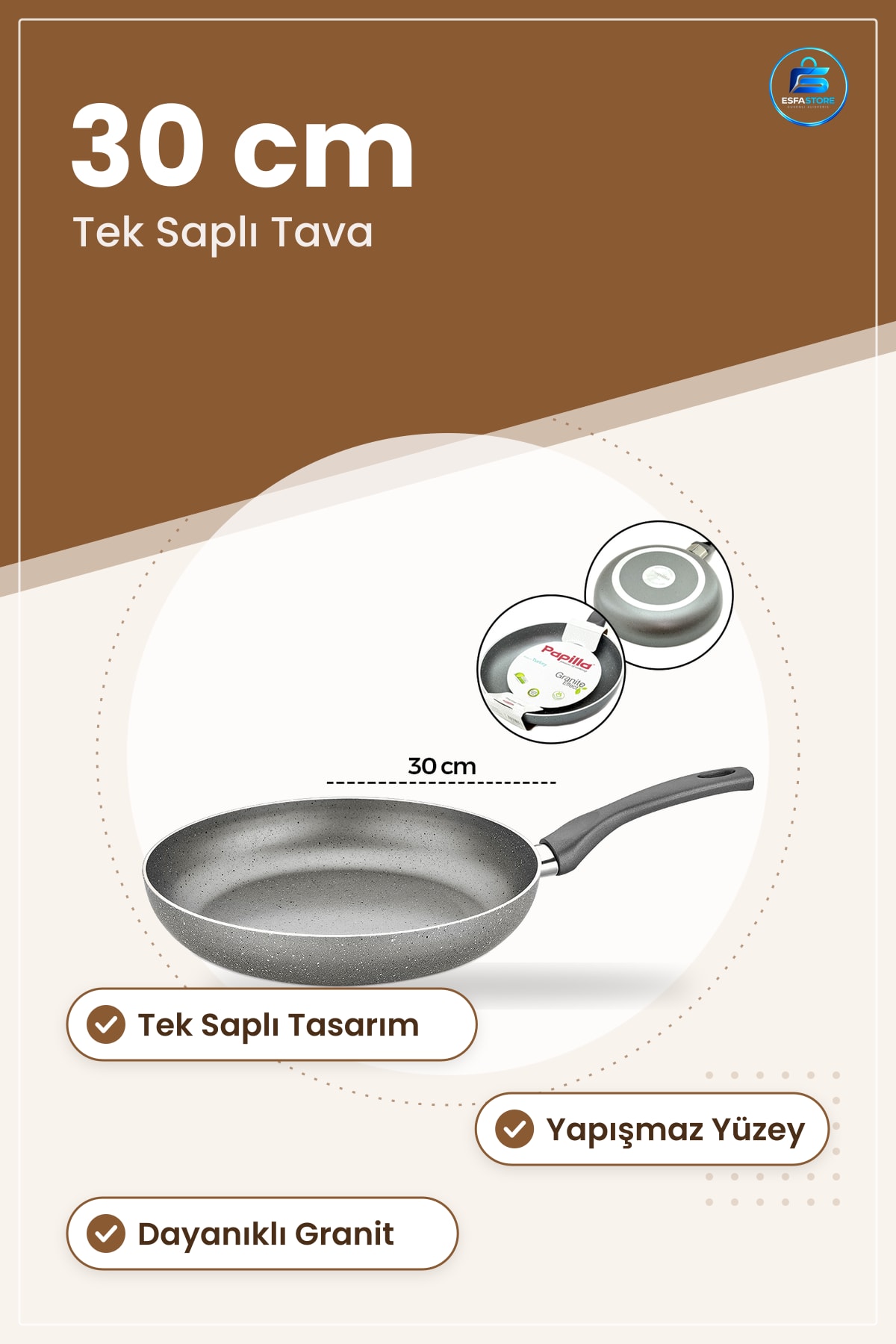 Granit Kaplamlı Tava 30 cm Tek Saplı Yapışmaz Yüzeyli Mutfak Pişirme Sebze Et Omlet Dayanıklı