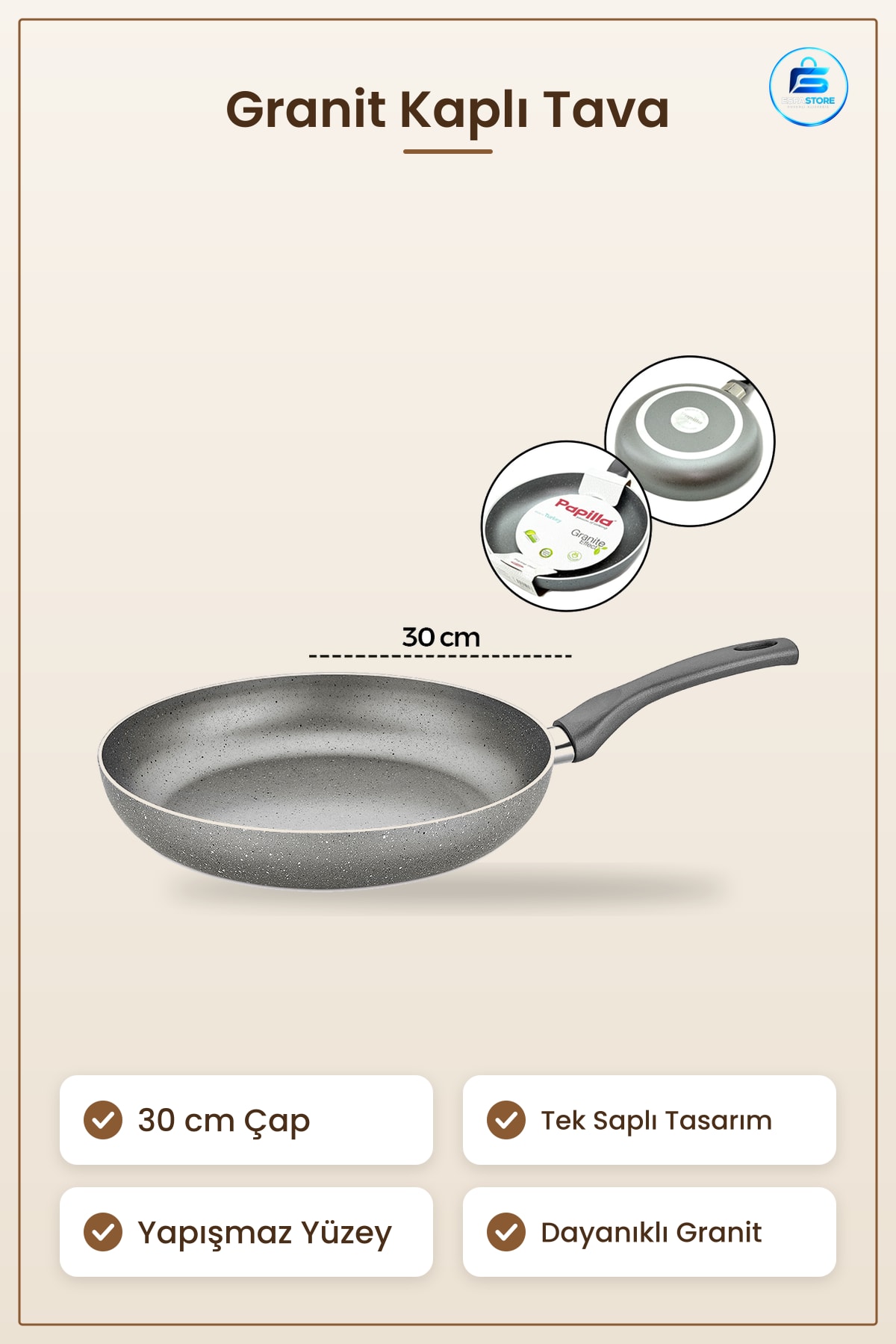 Granit Kaplamlı Tava 30 cm Tek Saplı Yapışmaz Yüzeyli Mutfak Pişirme Sebze Et Omlet Dayanıklı