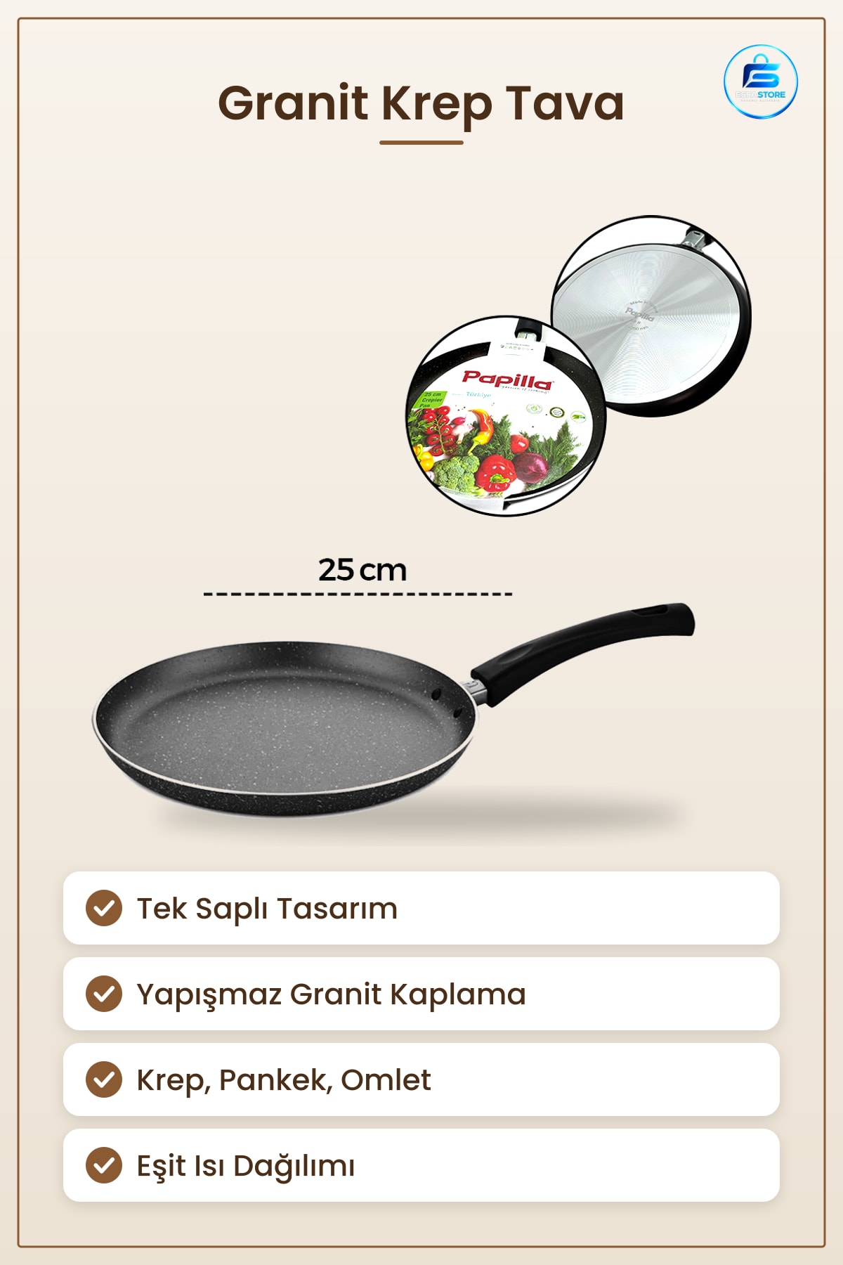 Krep Tava Tek Saplı Granit Kaplama Yapışmaz Pankek Omlet İnce Yemek Mutfak Pişirme Hamur