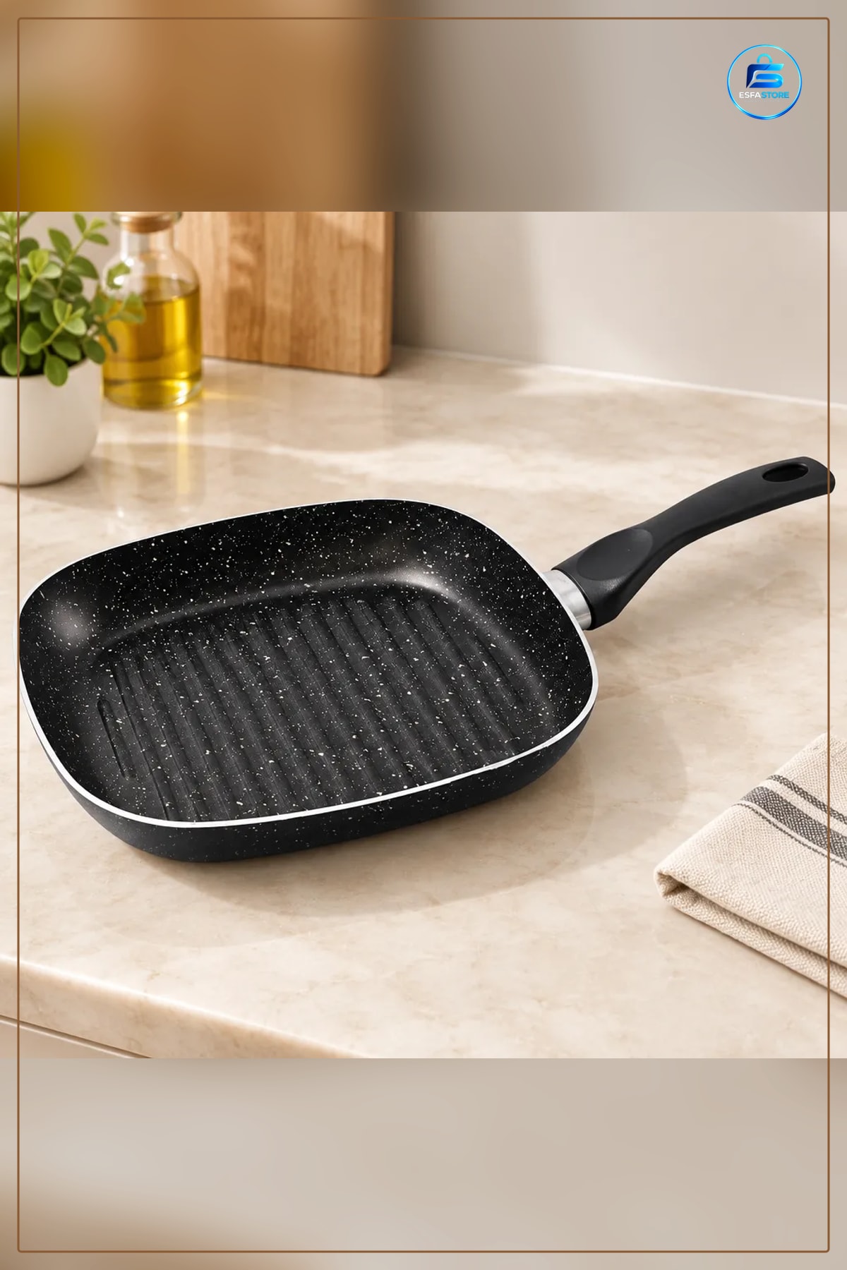 Granit Kaplı Tek Saplı Grill Tava Yapışmaz Yüzeyli Izgara Mutfak Pişirme Gereci Ocak Uyumlu