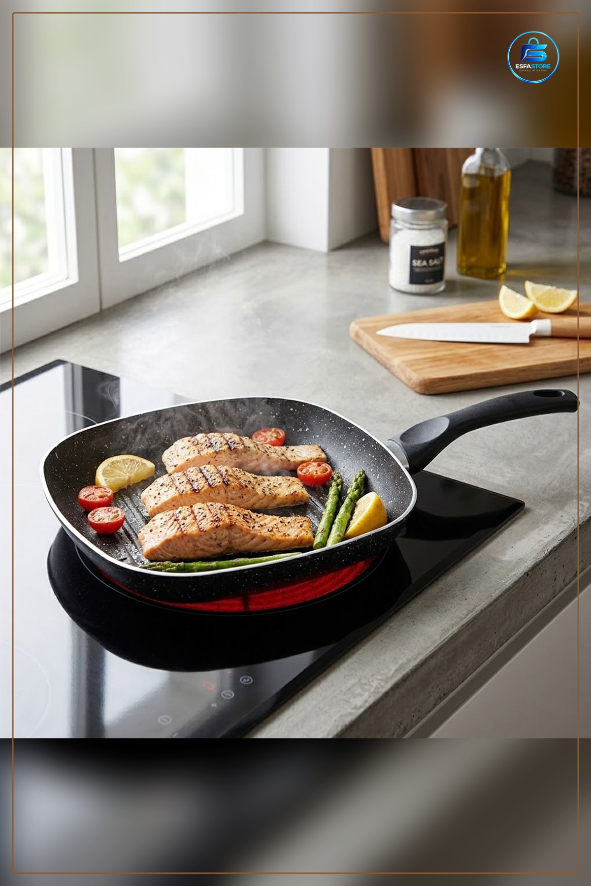 Granit Kaplı Tek Saplı Grill Tava Yapışmaz Yüzeyli Izgara Mutfak Pişirme Gereci Ocak Uyumlu