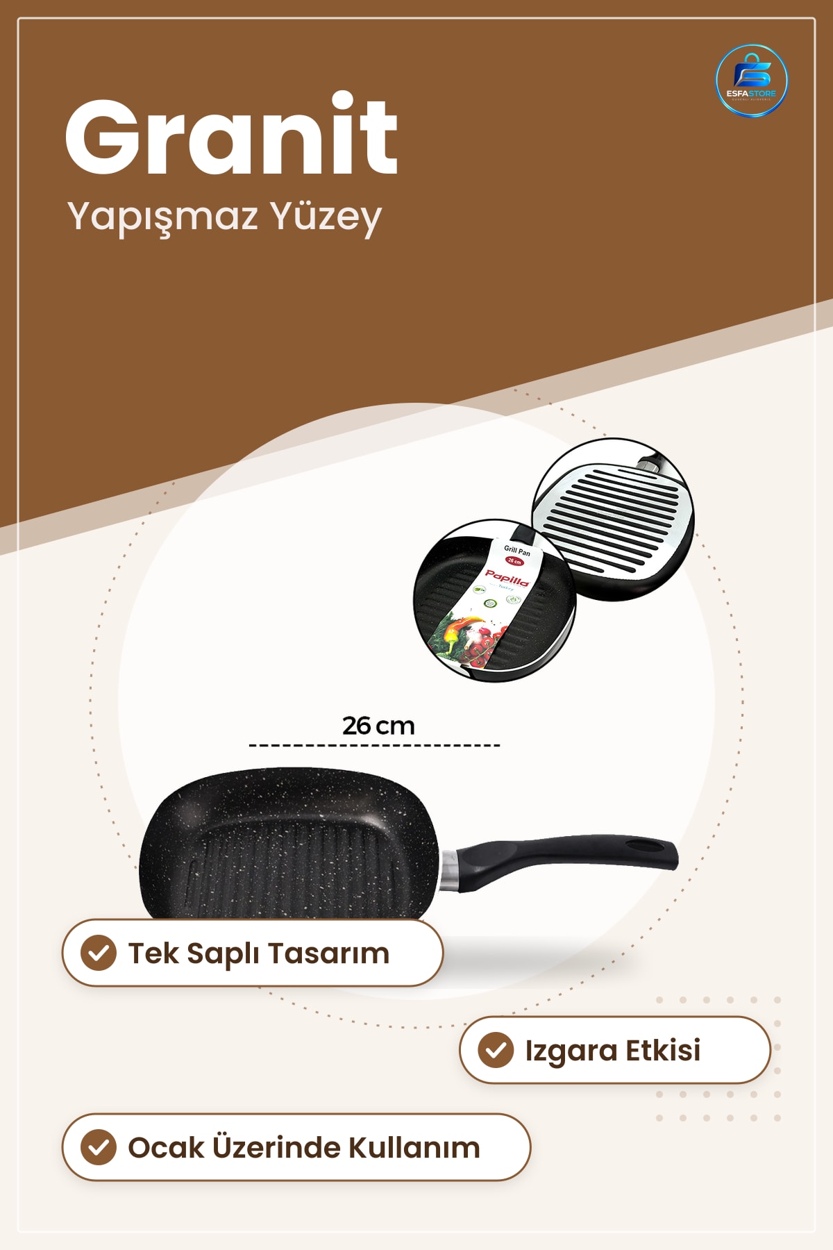Granit Kaplı Tek Saplı Grill Tava Yapışmaz Yüzeyli Izgara Mutfak Pişirme Gereci Ocak Uyumlu