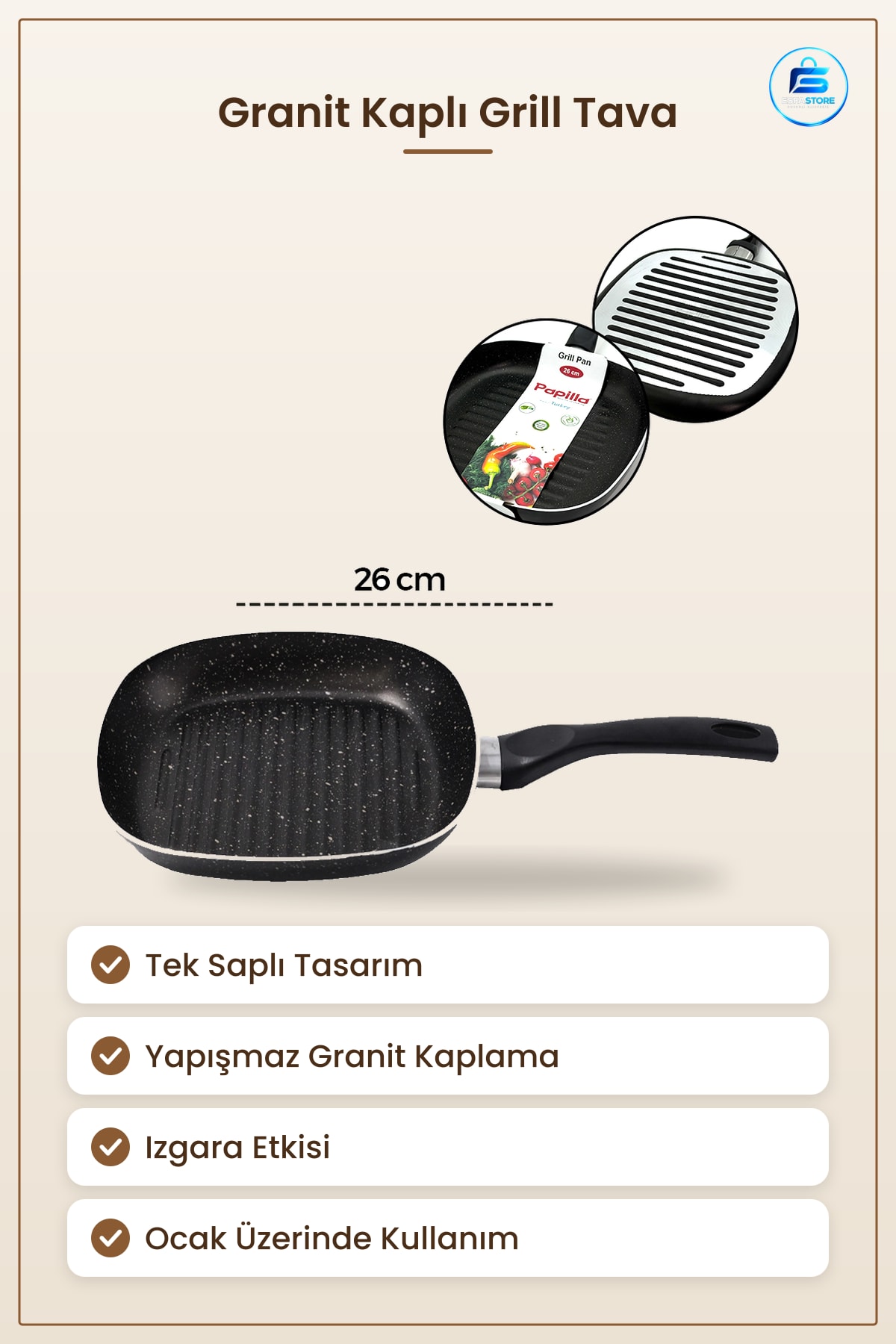 Granit Kaplı Tek Saplı Grill Tava Yapışmaz Yüzeyli Izgara Mutfak Pişirme Gereci Ocak Uyumlu