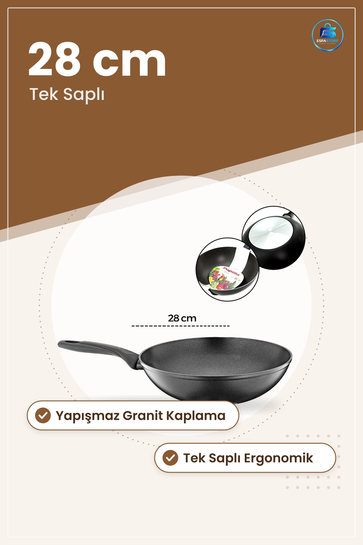 Granit Kaplamalı Şef Tava 28 cm Yapışmaz Tek Saplı Ergonomik Mutfak Sote Kızartma Pişirme