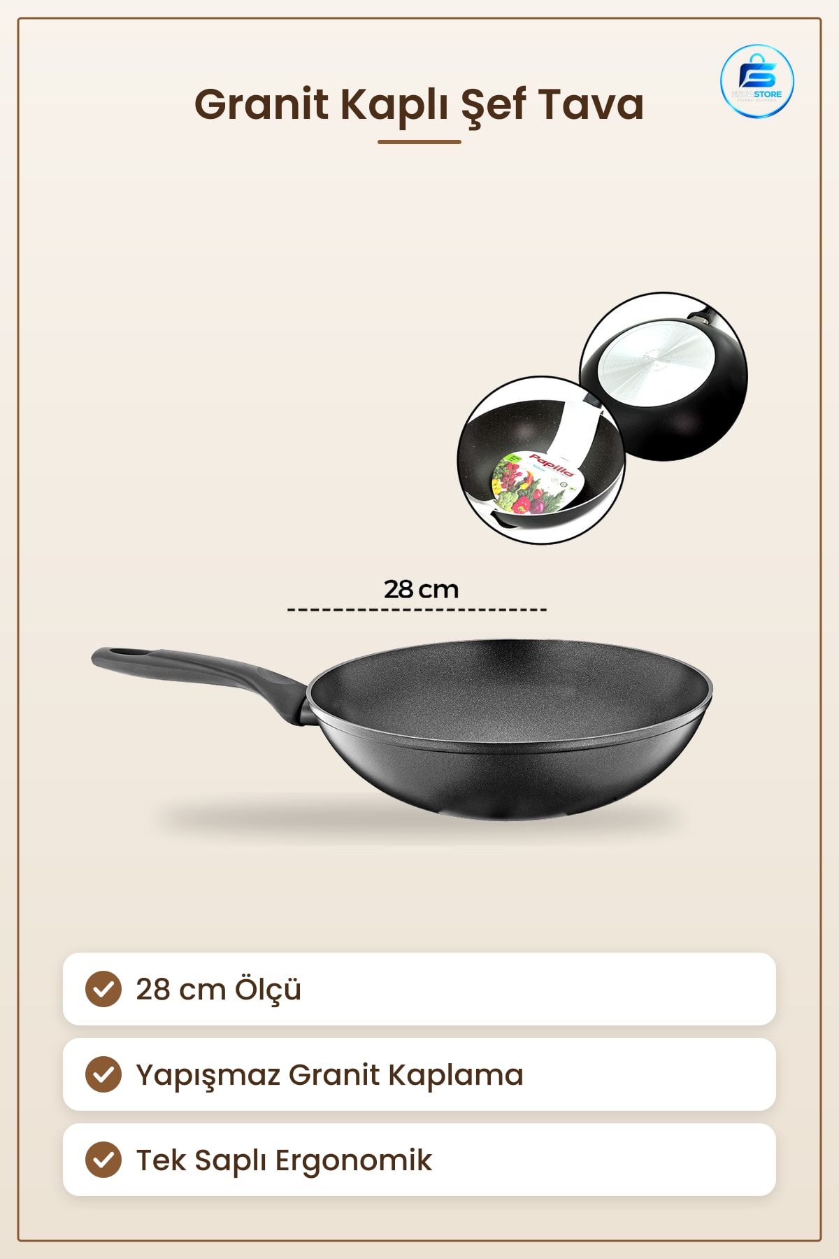 Granit Kaplamalı Şef Tava 28 cm Yapışmaz Tek Saplı Ergonomik Mutfak Sote Kızartma Pişirme