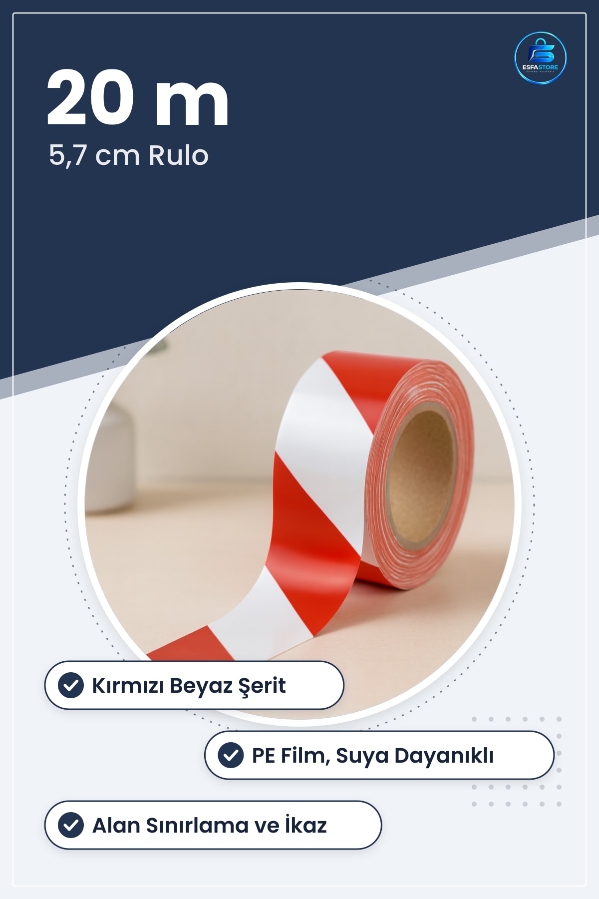 İkaz Ürünü Emniyet Bandı 5,7 cm x 20 m Kırmızı Beyaz Şerit Küçük Boy PE Film İş Güvenliği Şeridi