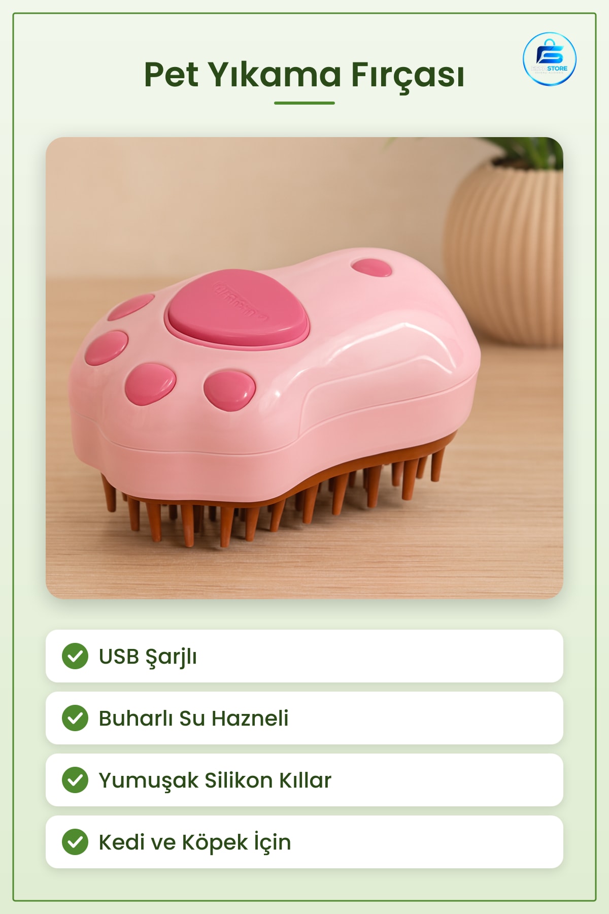 Pet Yıkama Fırçası Pati Şekilli USB Şarjlı Buharlı Su Hazneli Kedi Köpek Tüy Temizleme