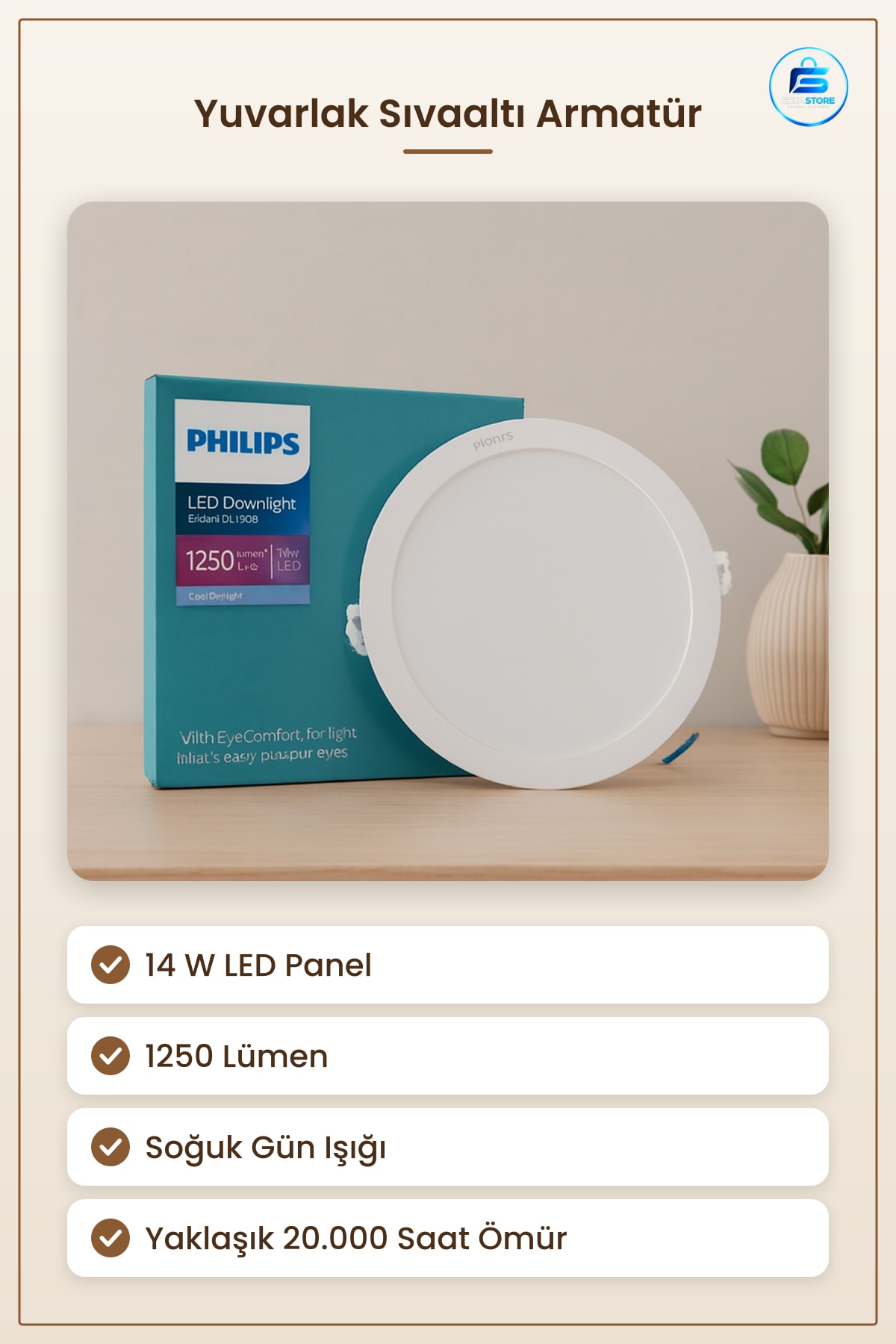 Armatür 14W Yuvarlak Sıva Altı LED Slim Panel 1250 Lumen Soğuk Gün Işığı Ofis Mağaza