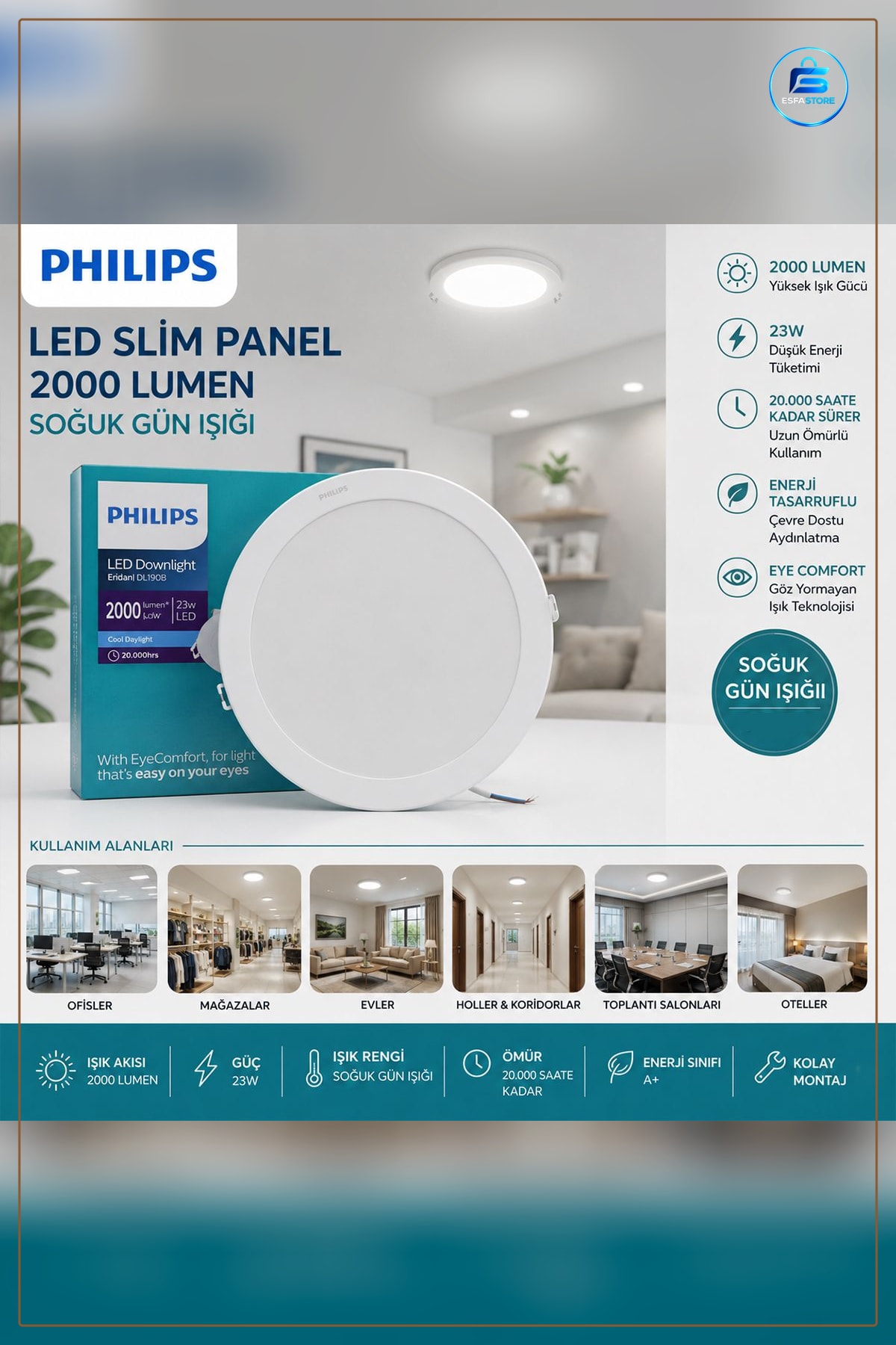 Armatür Yuvarlak Sıva Altı LED Slim Panel 23W 2000 Lumen Difuzorlu Ofis Mağaza Koridor