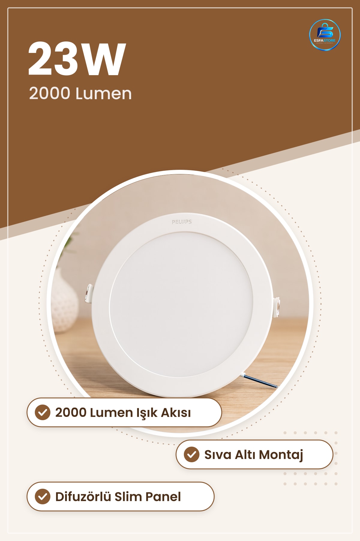 Armatür Yuvarlak Sıva Altı LED Slim Panel 23W 2000 Lumen Difuzorlu Ofis Mağaza Koridor