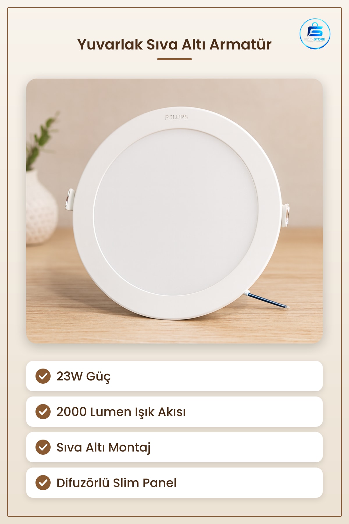 Armatür Yuvarlak Sıva Altı LED Slim Panel 23W 2000 Lumen Difuzorlu Ofis Mağaza Koridor